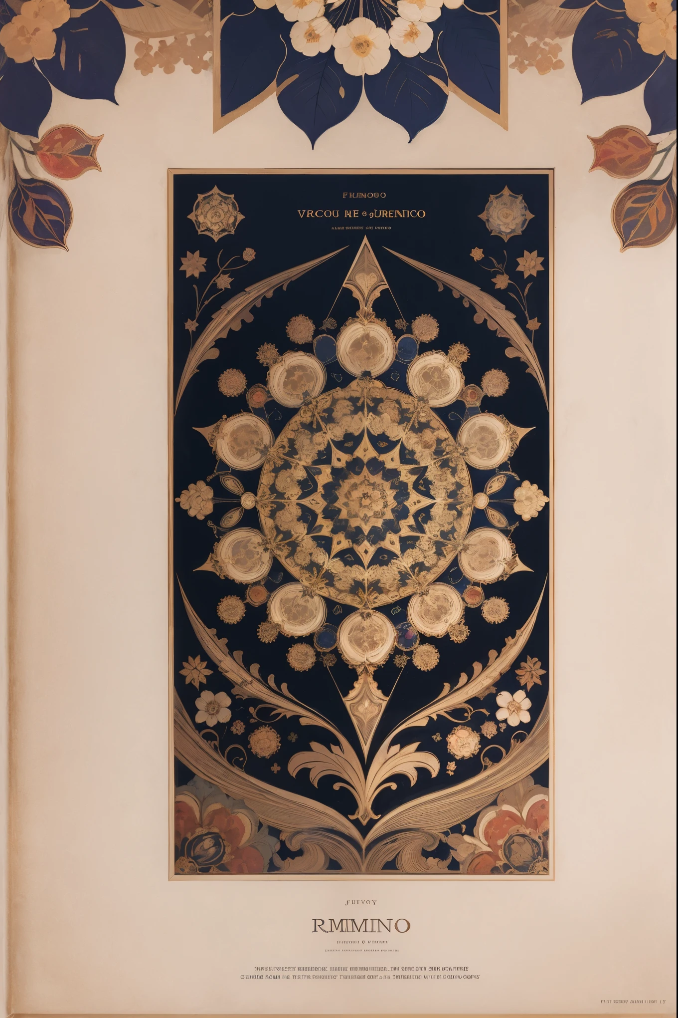 cover page, Perfume poster, kaleidoscope, rzminjourney, vector-art, High-quality illustrations by Alfons Mucha, masterpiece(textile)logo mark, round, colorful flower,