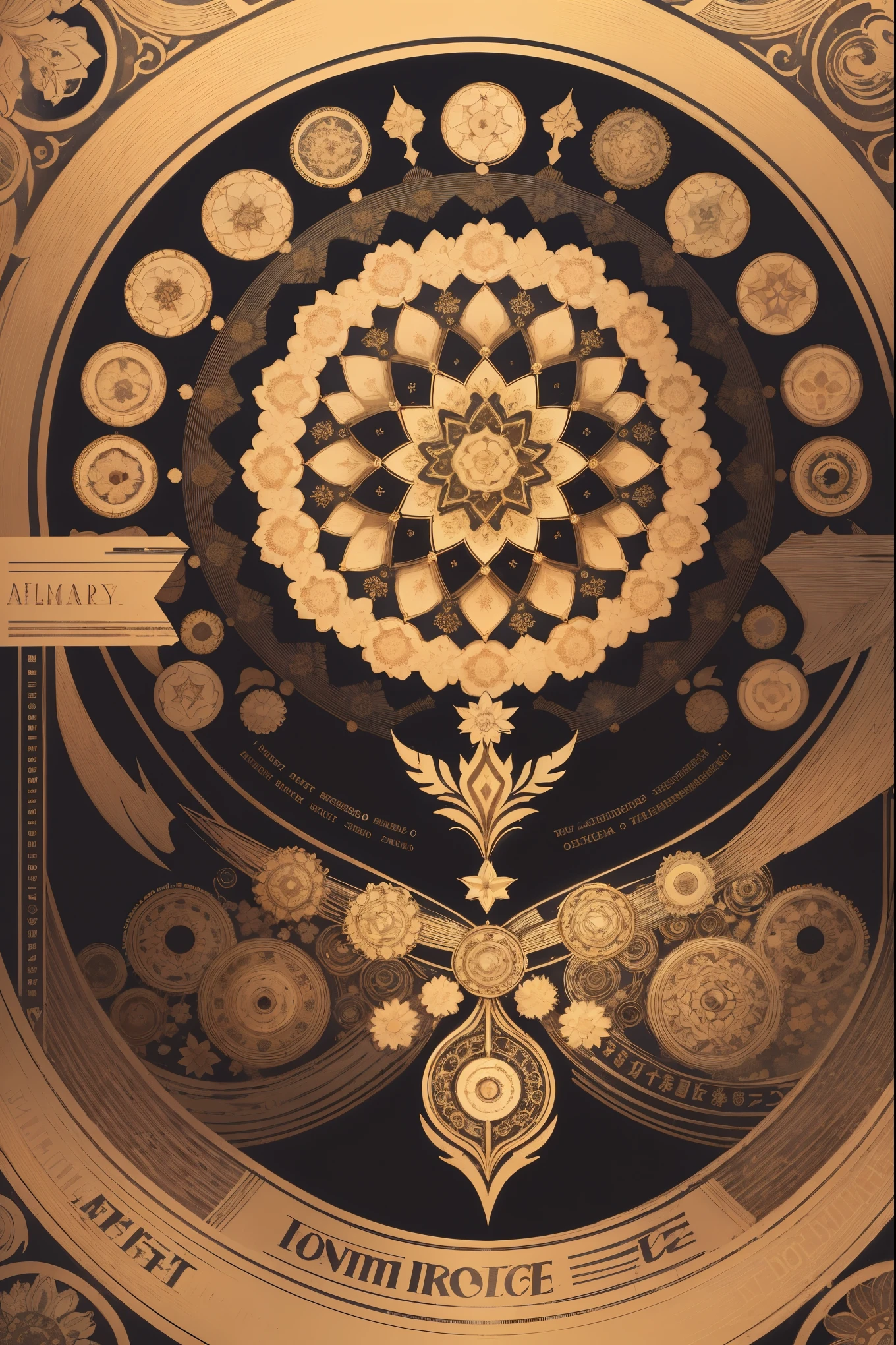 cover page, Perfume poster, kaleidoscope, rzminjourney, vector-art, High-quality illustrations by Alfons Mucha, masterpiece(textile)logo mark, round, colorful flower,