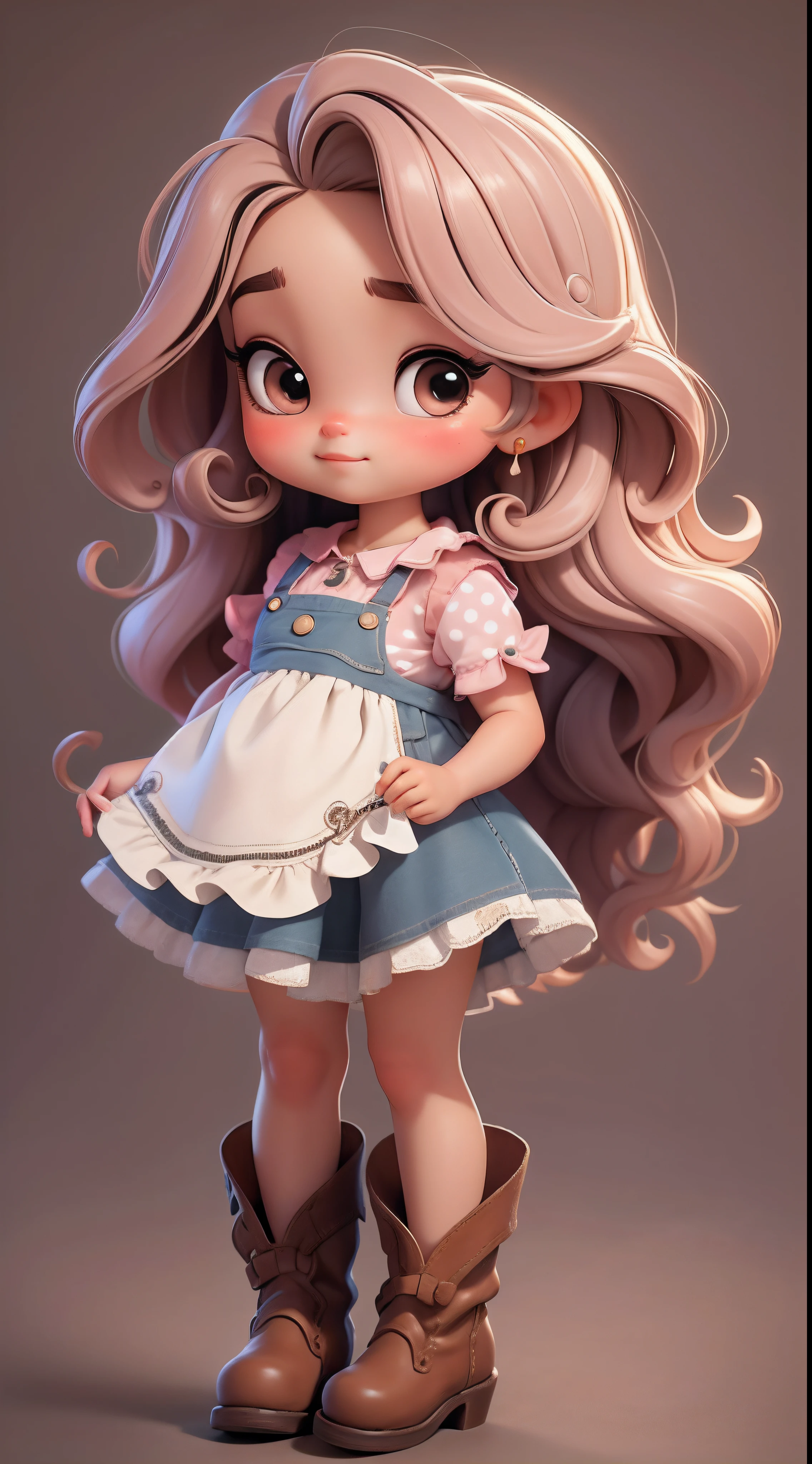 Create a series of cute baby style chibi dolls with a cute cowgirl theme, each with lots of detail and in an 8K resolution. All dolls should follow the same solid background pattern and be complete in the image, mostrando o (corpo inteiro, incluindo as pernas: 1.5)
Boneca cowgirl: Chame-a de Mia. She must have medium wavy brown hair. Seus olhos devem ser grandes e curiosos, with long eyelashes and slightly pinkish cheeks. Mia should be dressed in a delicate jumpsuit, cowboy boot and a polka dot blouse and a cowboy hat is cute. She should hold delicate and thin accessories. Add details like pockets and ruffles to the apron to make it even more charming, sapato bonito
Certifique-se de adicionar sombras, texturas e detalhes nos cabelos, roupas, Beautiful utensils, to make them even more adorable and charming.