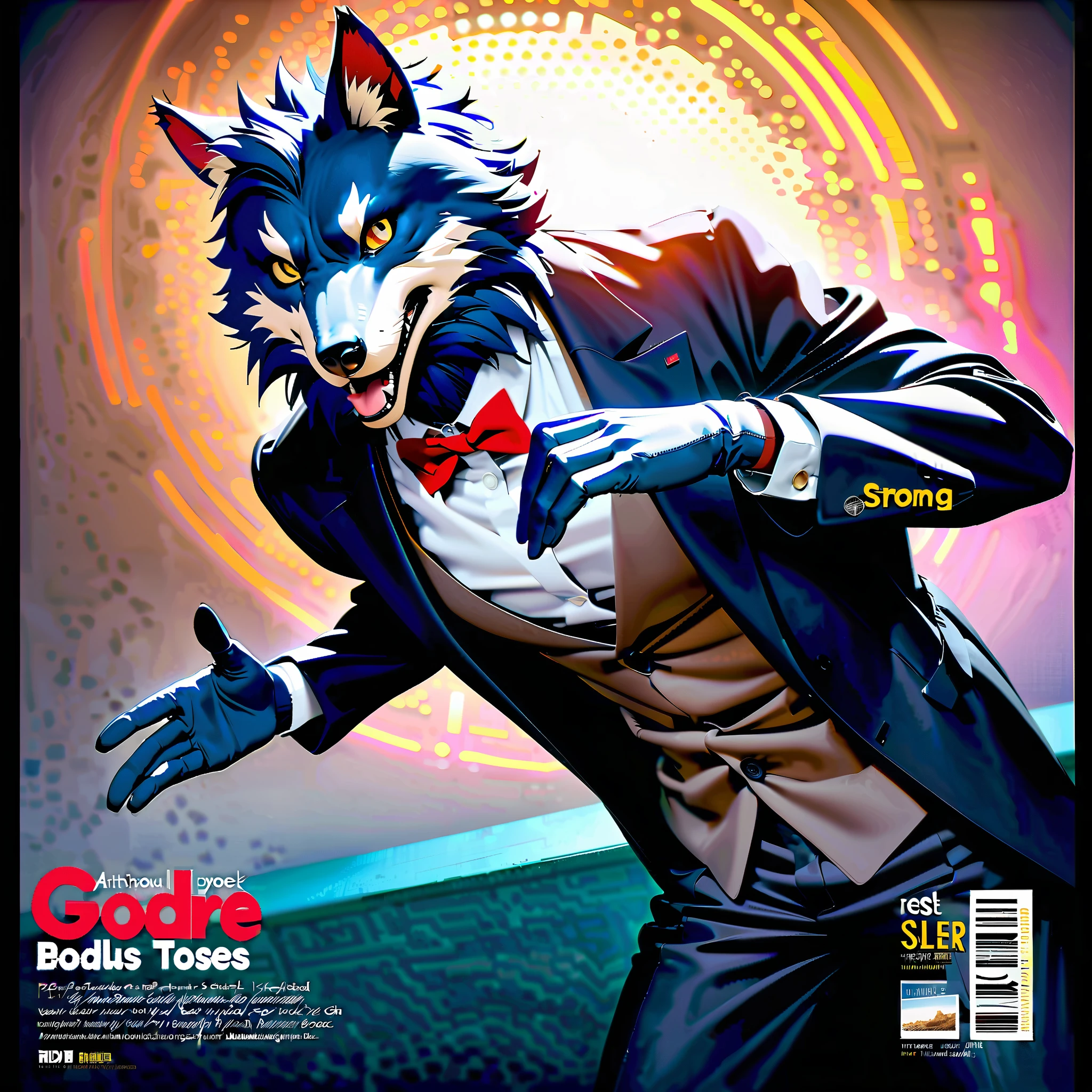 Elegant and dynamic dance poses with meticulously detailed expressions, Anthropomorphic furry wolf in a tuxedo, Silver-gray and dark blue fur, Vibrant color palette, Exceptional lighting and shadow work, Realistic textures, Precise composition, Strong visual impact, Artistic allure, Presented in the photographic style of National Geographic magazine, Capturing the lively and unique personality of the character
