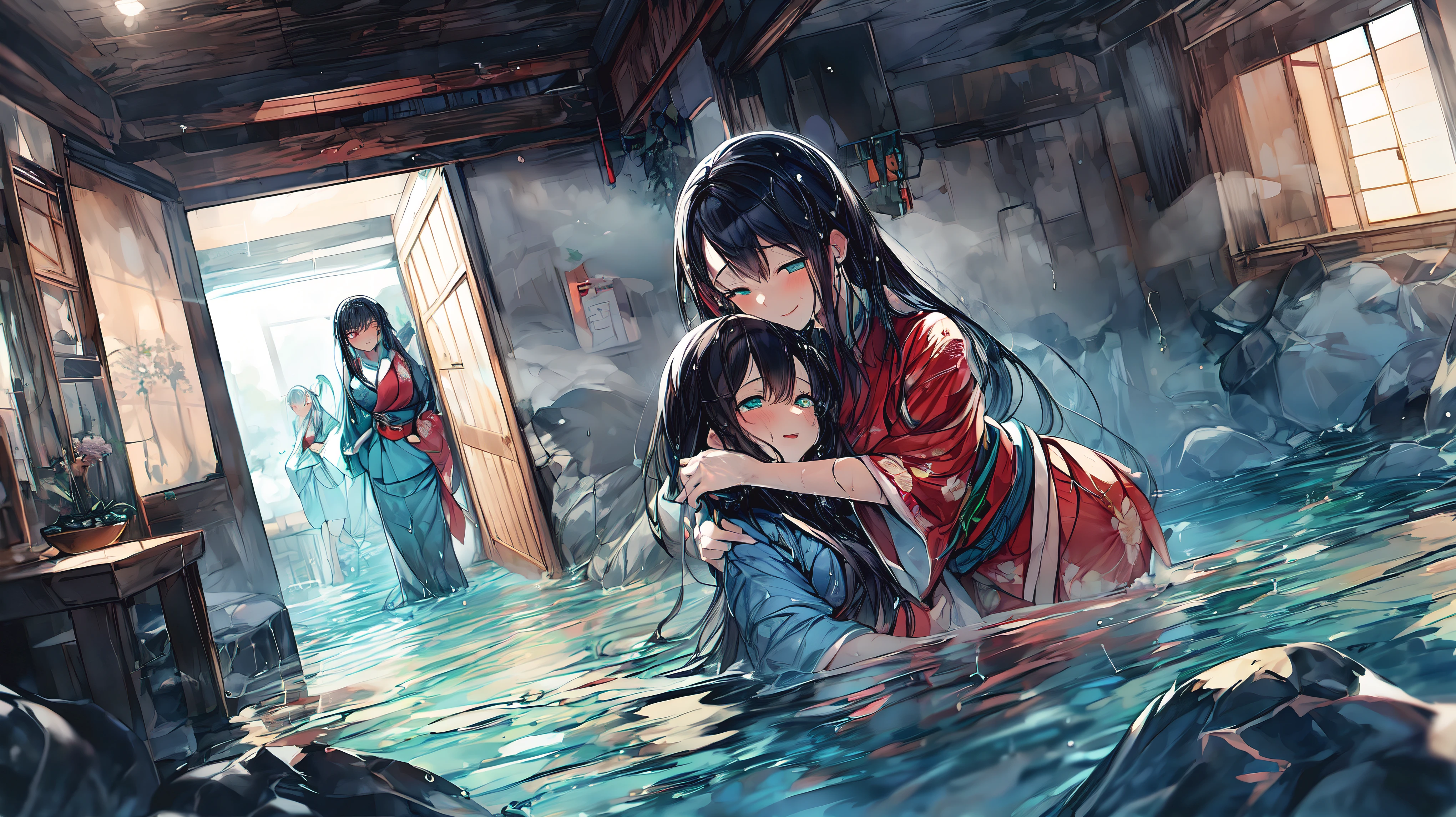 super quality, High resolution, intricate details, panoramic, Dutch Cape, (2 little girls) wear (Flower kimono), cotton kimono, (Red and cyan kimono:1.15), (Very big kimono, Yamato clothing sleeves, best cotton texture, Best Wrinkles on a Kimono), (Yuri, lesbian), (deep kiss, Embrace:1.2),(Dressed sex), whole body, beautiful eyes, (Partially submerged:1.1),Part of the kimono in the water, (squirt, water column:1.1) (wet, very wet kimono, wet body, wet long black hair, wet kimono sleeve, wet kimono drees, wet skin:1.1), (clear mucus wrap, water droplets), immerse in water, Poignant and poignant, Smiling in despair, smile in sadness, Keep your mouth shut, (Beautiful and delicate water:1.1), (dark dungeon, 黑暗潮wet水牢, hermetic space:1.15), (a), dark light, light source, (An atmosphere of despair:1.15), (water mist), Inspired by the manga of Itcho Hanaya, pixiv contest winners, Ukiyo-e, Ukiyo-e art style, Ukiyo-e style, Japanese art style, Japanese illustrator,