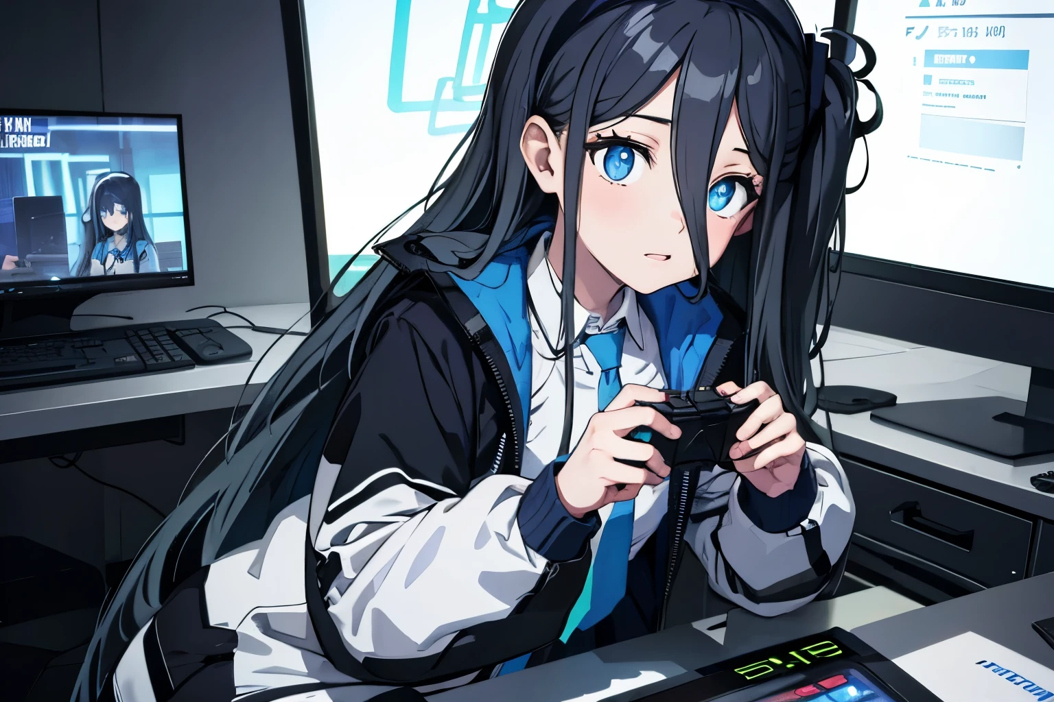 arisdef, halo, (very long hair:1.1), playing games, video game, indoors, confused, room, growling, monitor, masterpiece, best quality, highres, nice hands, perfect hands