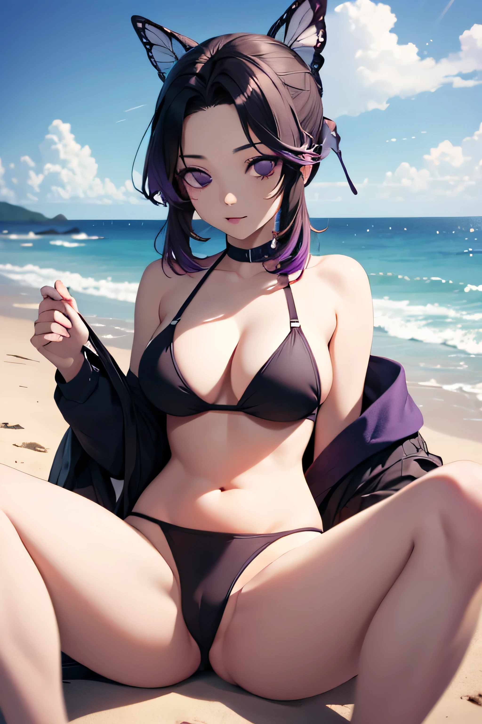 absurdres, high res, ultrasharp, 8K, {masterpiece}, expressive eyes, extremely detailed, best quality, perfect face, 1girl, solo, kochou shinobu, butterfly hair ornament, (purple eyes:1.3), multicolored hair, short hair, parted bangs, large breasts, pleased, beach, bikini, spread legs,