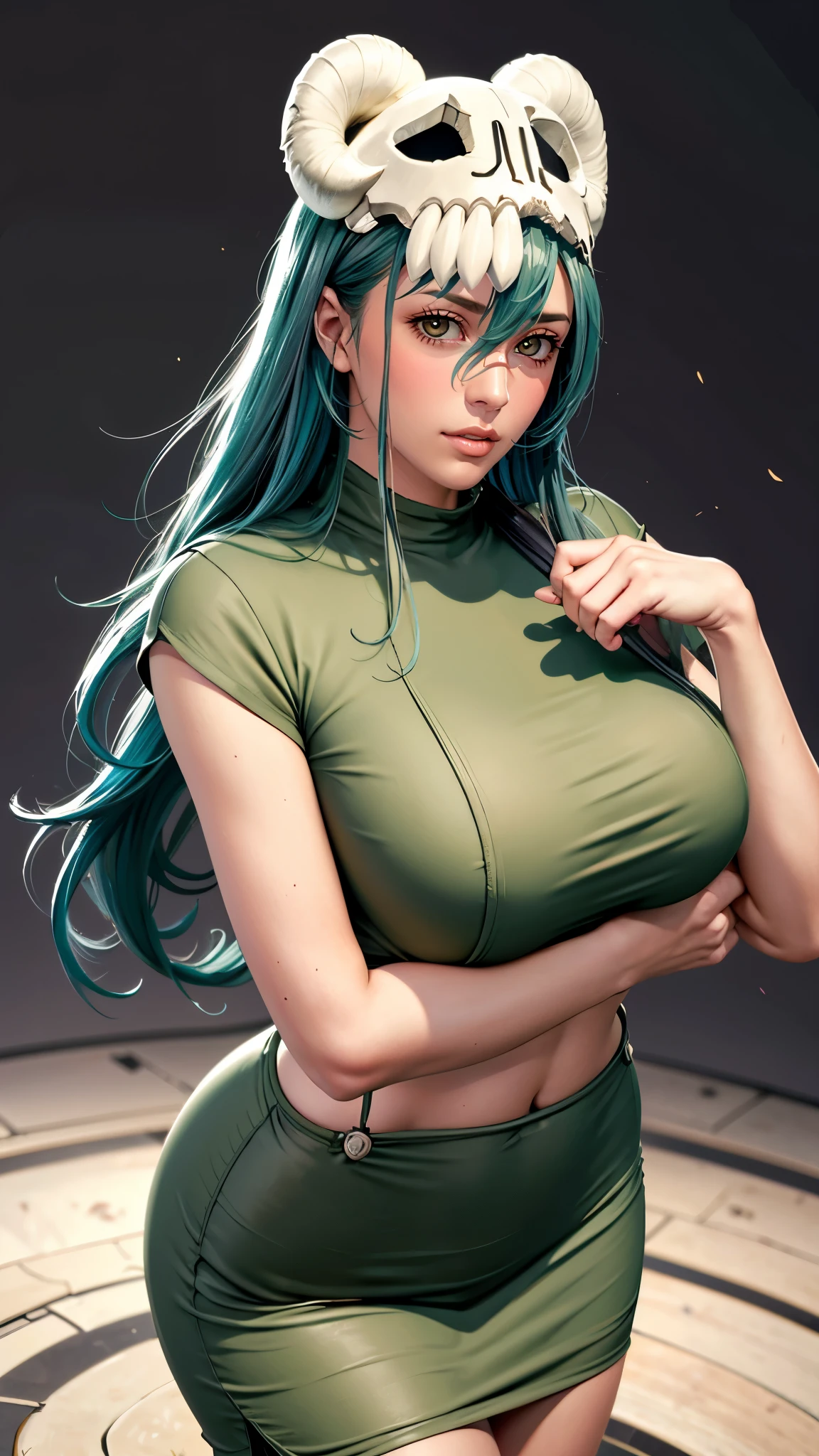 （（（完美figure，figure，odelschwanck，green clothes，（（（nel, long hair, facial mark, hair between eyes,  skull,skirt，yellow eyes））），S型figure:1.7））），((masterpiece)),high resolution, ((Best quality at best))，masterpiece，quality，Best quality，（（（ Exquisite facial features，looking at the audience,There is light in the eyes，Happy，***********nterlacing of light and shadow，huge boobs））），（（（looking into camera，black background，）））