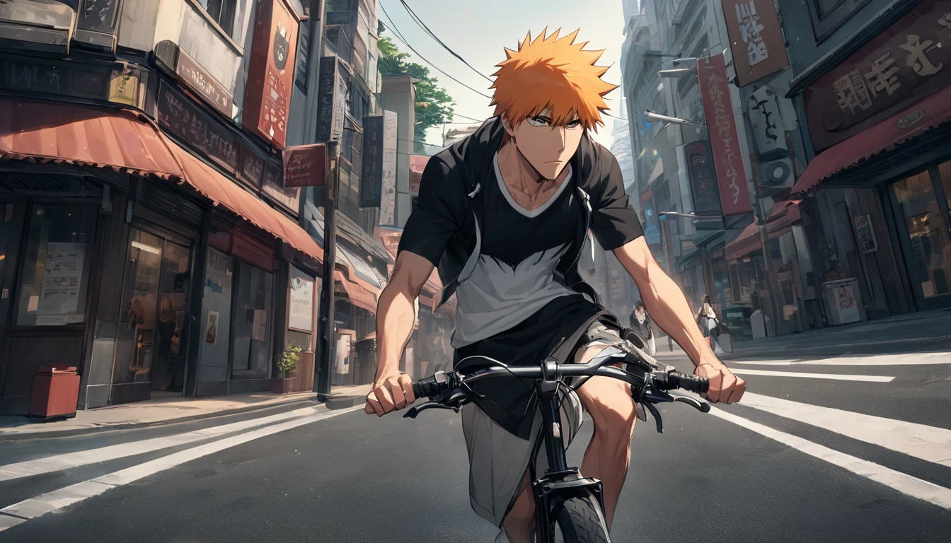 1boy, male focus, kurosaki ichigo, bleach, biking on the street, city view, Ultra-Wide Angle, masterpiece, best quality, very aesthetic, perfect composition, intricate details, ultra-detailed