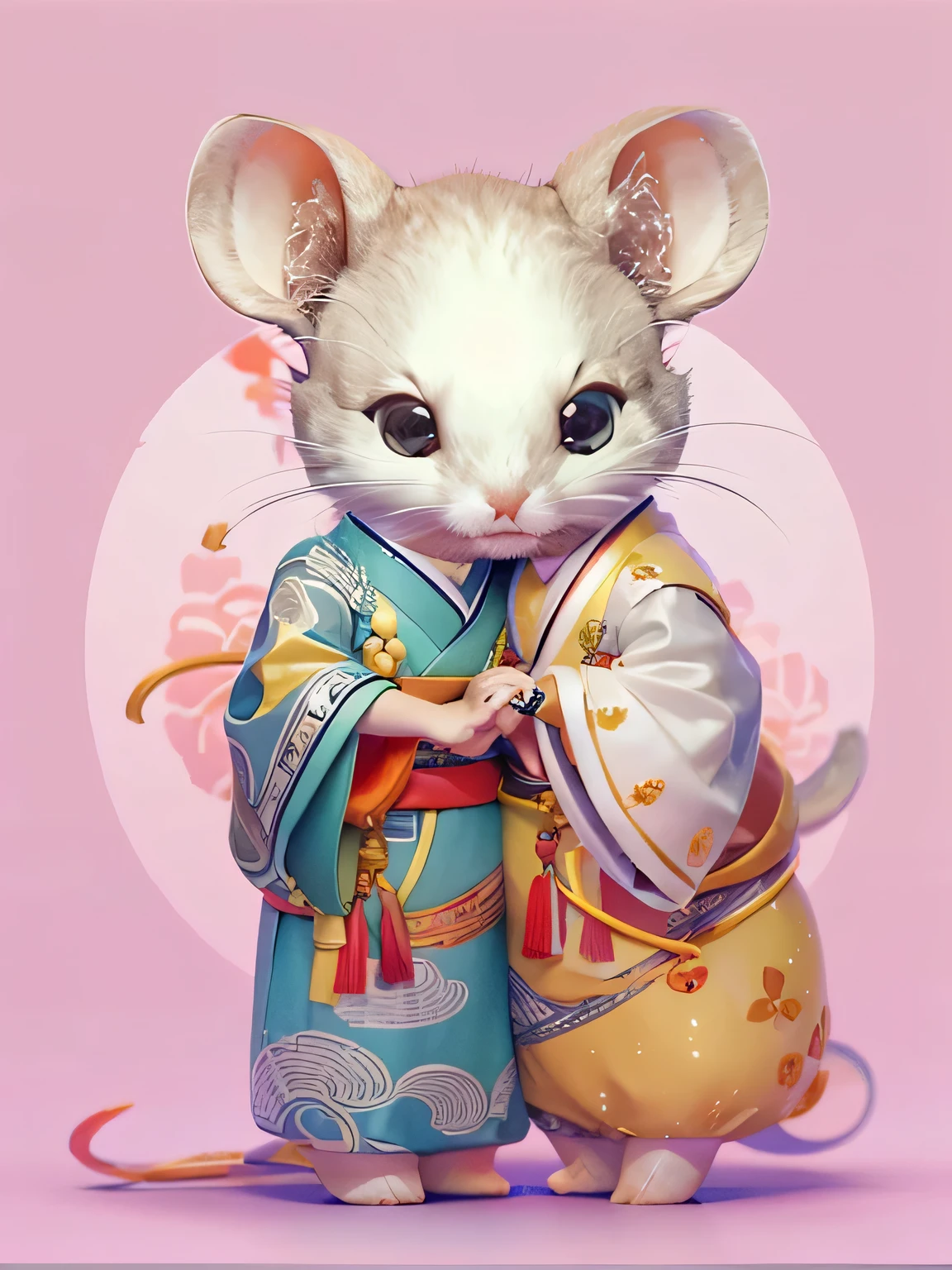 (personification: 1.4), (full body shot), (China: Unique male and female mice holding hands, hanfu, stand on two feet, Oriental elements), (China - unique illustration: 1.5, Vector Painting: 1.5), (Chinese color, Advanced color matching, gradient background, White background), (Very detailed, Well-designed, clear lines, high definition, best quality, masterpiece, official art, movie lighting effects, 4K)