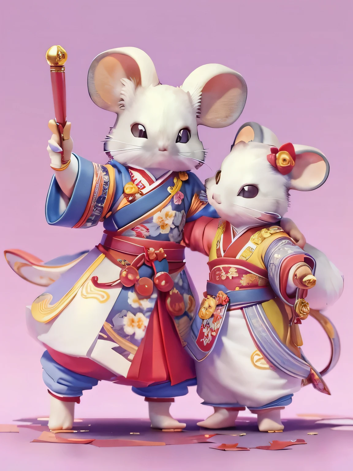 (personification: 1.4), (full body shot), (China: Unique male and female mice holding hands, hanfu, stand on two feet, Oriental elements), (China - unique illustration: 1.5, Vector Painting: 1.5), (Chinese color, Advanced color matching, gradient background, White background), (Very detailed, Well-designed, clear lines, high definition, best quality, masterpiece, official art, movie lighting effects, 4K)