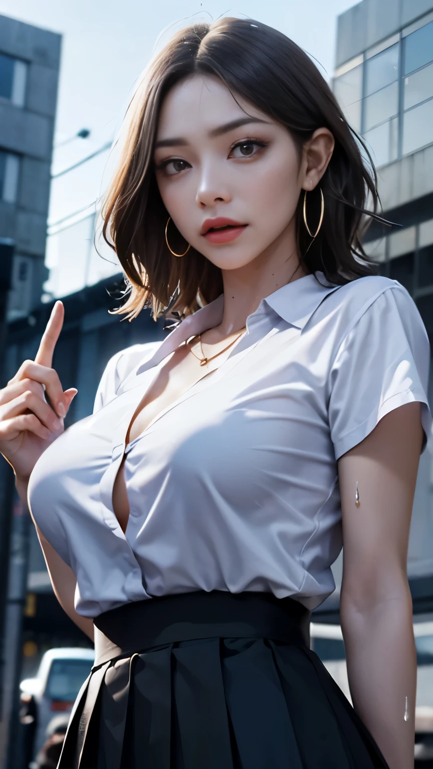 The 高いest quality, masterpiece, formal, movie atmosphere、、(key light：Front diagonal 45 degrees, fill light、Backlight、Shadow、blue and orange color palette), accurate human body、knowledgeable person、Correct five-finger、

(dripping sweat、oil skin,Sparkling肌、realistic skin texture、fine and beautiful skin、shiny skin、shiny skin)

 (detailed pupil, perfect eyes:1.2), (Shiny clothes that reflect light and have many wrinkles:1.2), Sparkling, Sparklingした金色, (hoop earrings), necklace, glamorous perfect female proportions, enchanting smile,  fine surface texture,   高い school girl、bewitching woman、black hair、straight short hair、((big breasts)), big breastsの谷間、1 Gal、high school girl、high school clothes、White shirt and black pleated skirt、((black mask)), late night、street corner at night、In front of the station at night、meeting