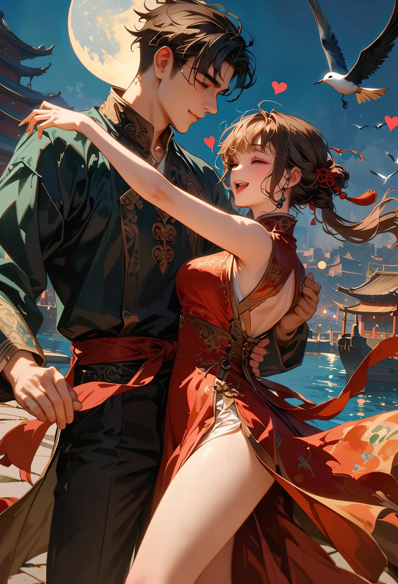 Style 10,(Super detailed CG unified 8k personalized wallpaper,masterpiece level,Best image quality),a young man and a woman,couple,is dancing,pleasure,elated,like,heart-shaped,port,flying bird,moon,Chinese ancient style,China costume,