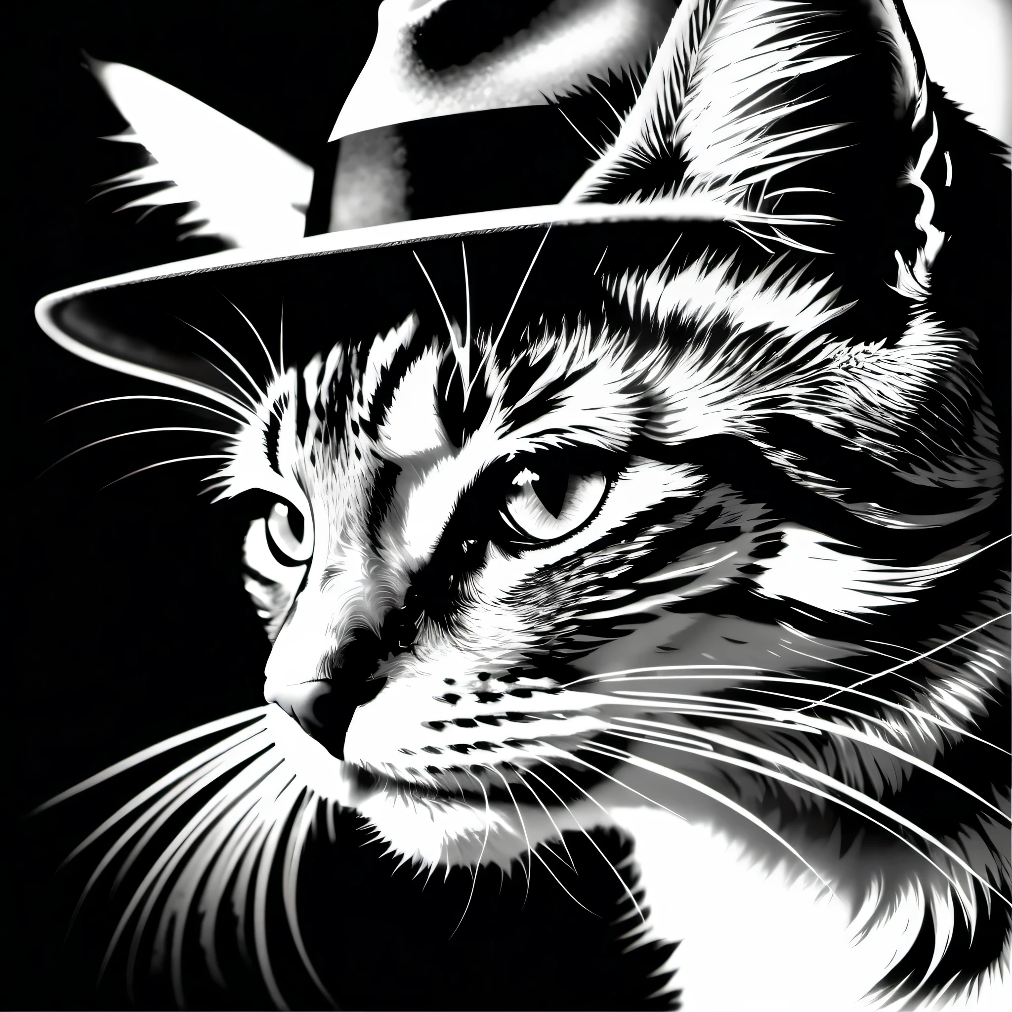 film noir style cat,stunning details, amazing quality, masterpiece, . monochrome, high contrast, dramatic shadows, 1940s style, mystery, cinematic