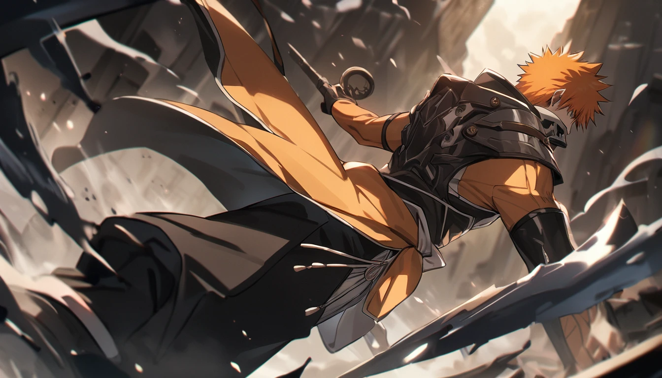 1boy, male focus, kurosaki ichigo, bleach, weapon, fight ready, Ultra-Wide Angle, masterpiece, best quality, very aesthetic, perfect composition, intricate details, ultra-detailed