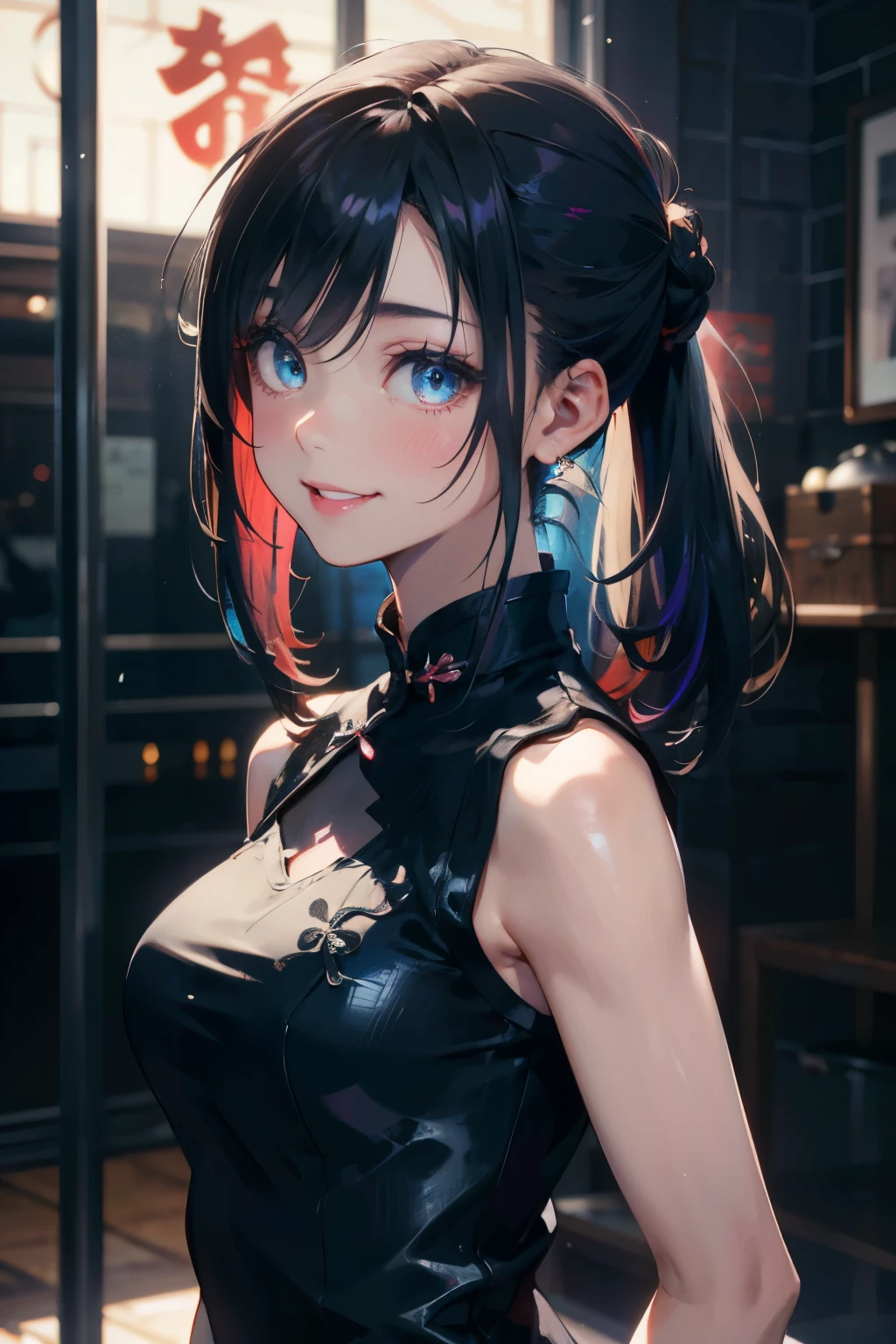 a 20 yo woman、Black blue Hair、poneyTail、Bun hair、Big smile、Iridescent eyes、(hi-top fade:1.3)、dark themed、Muted Tones、Subdued Color、highly contrast、qipao dress、(natural skin textures、Hyper-Realism、Soft light、sharp)