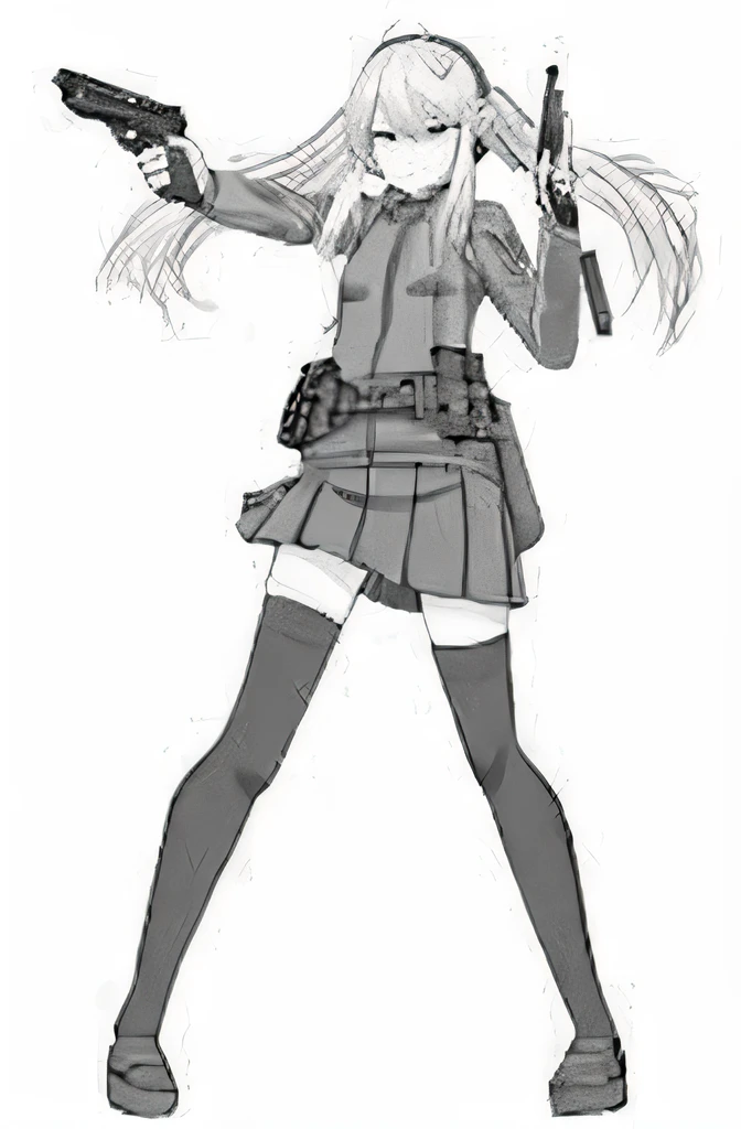 a drawing of a woman holding a gun and a gun, anime maid  ss military, female action anime girl, misa amane *, girls frontline style, shooting pose, from girls frontline, gapmoe yandere, female anime character, yandere. tall, misa amane, ( ( misa amane # ) ), black and white manga style