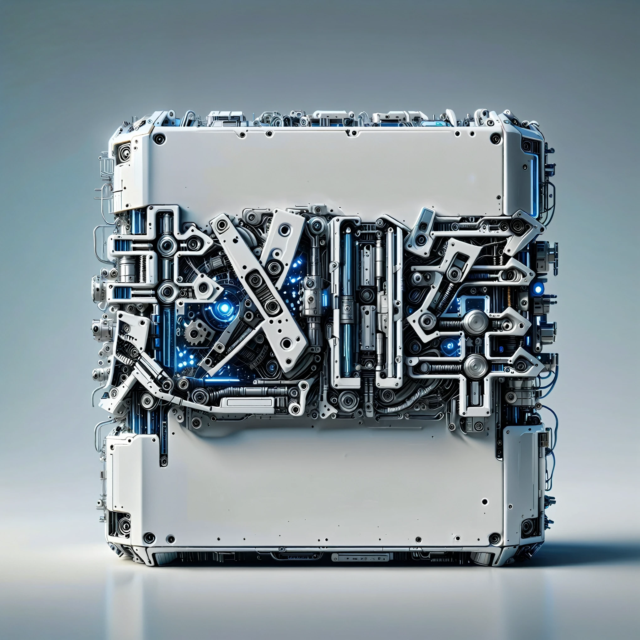 (Metal mech:1.5), Digital Art，Cyberpunk，(White ceramic housing)，blue transparent glass，3D rendering，ray tracing，Reasonable structure，Complex internal structure,(Clear lines, High sharpness,best quality, masterpiece, 4K ),ais-mechdystopia