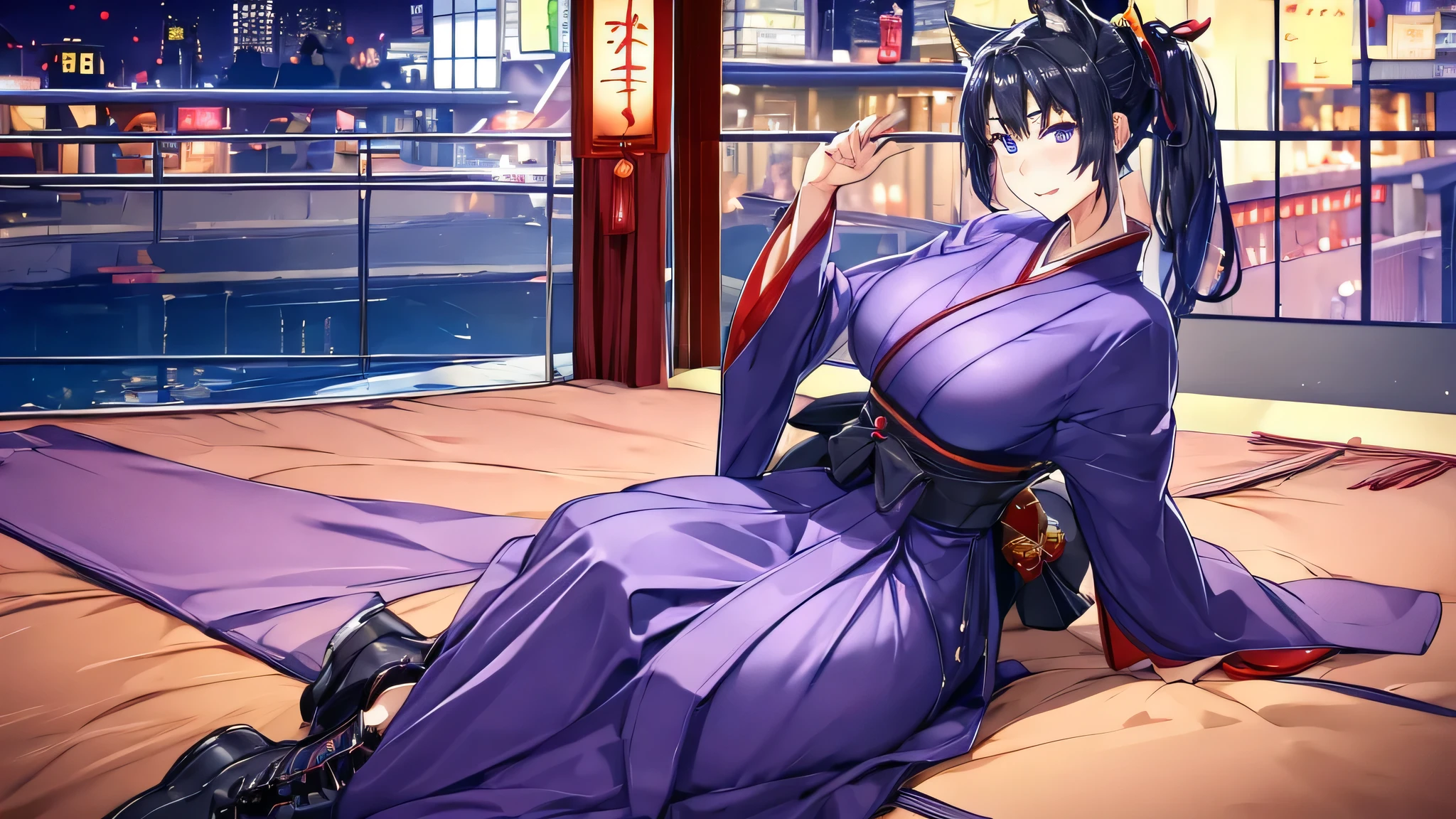 1 girl , alone ,Taisho Modern、huge breasts、deep cleavage、 greenish black hair、ponytail、fox ears、Brightly colored eyes、blue eyes、sunglasses、Dark purple kimono、red hair ornament、light purple long hakama、leather boots、flashy necklace、sexy、charm、Wet、face turns red , sitting、Night city seen from the window