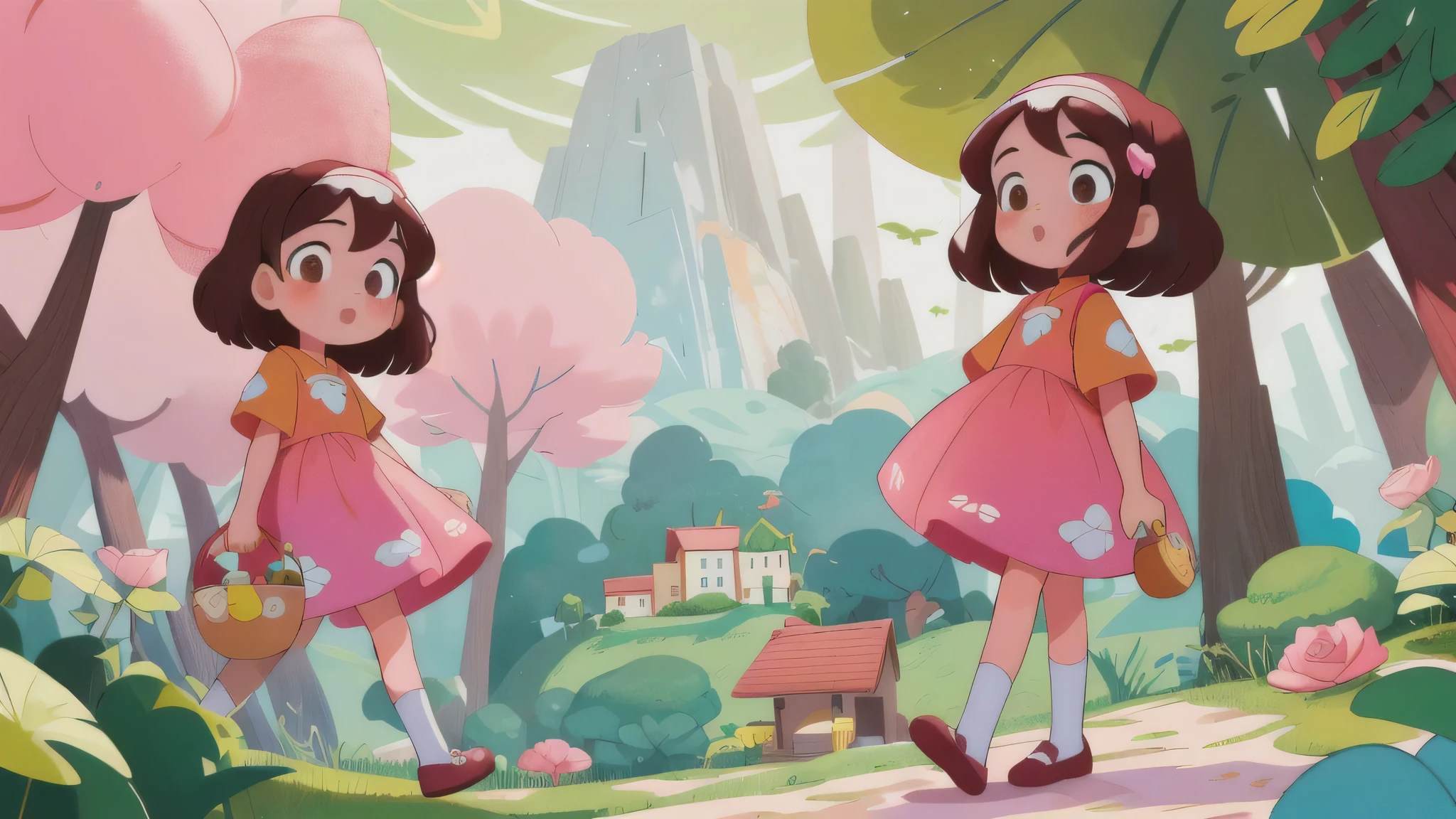 casa de brinquendo, fundo branco - (Two brunette twins, de 5 anos, roupas rosa) Elas aprendem sobre as cores enquanto pintam e exploram o mundo ao seu redor. (twin girls)