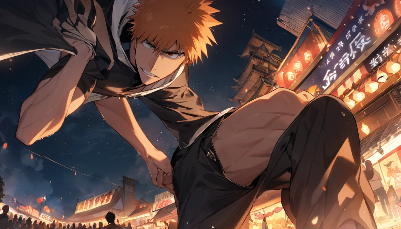 1boy, male focus, kurosaki ichigo, bleach, looking at starry sky, Summer Festival, Ultra-Wide Angle, masterpiece, best quality, very aesthetic, perfect composition, intricate details, ultra-detailed