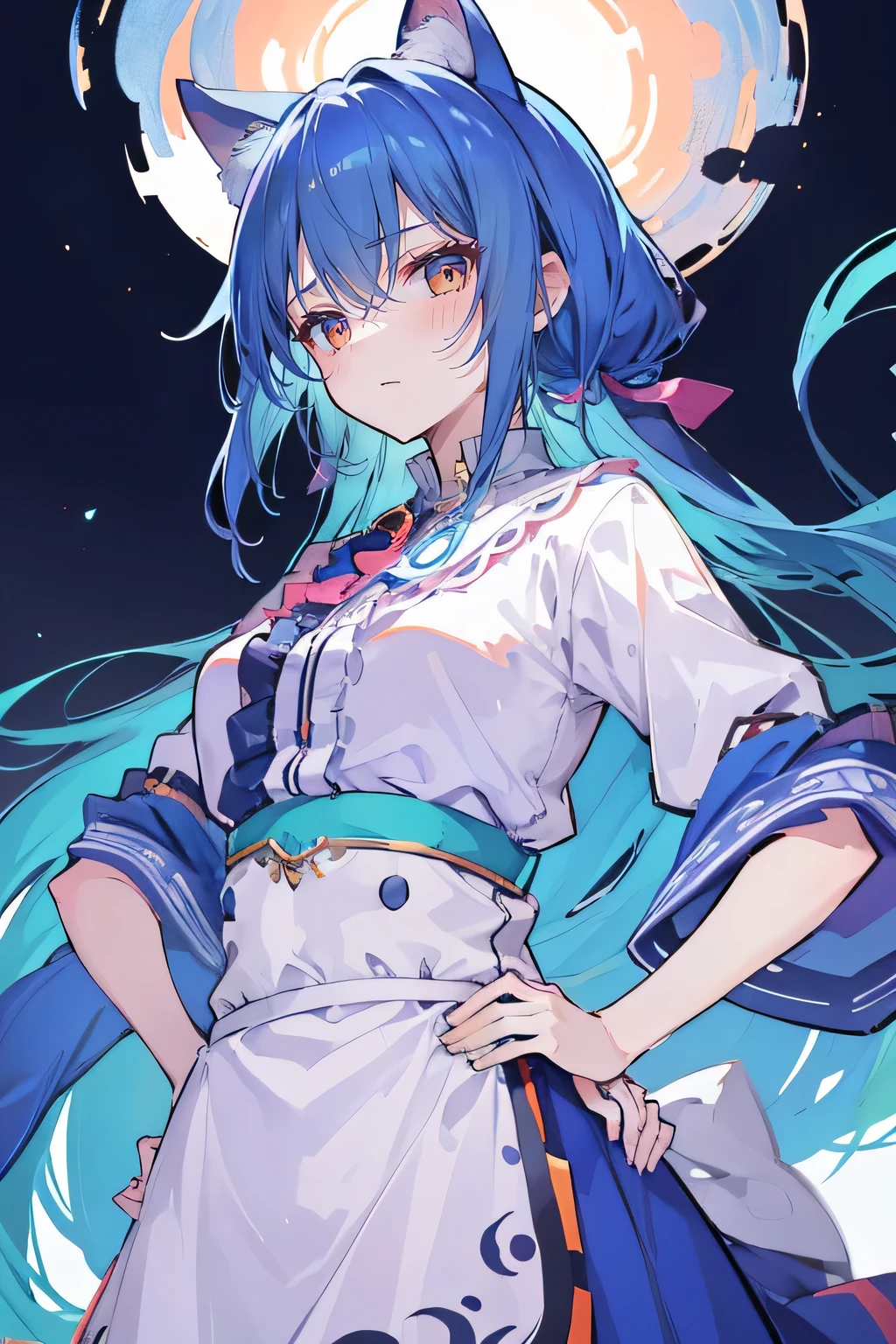 (masterpiece),best quality, expressive eyes, perfect face, 1girl,
Put your hands on your waist,Fair, Gorgeous,japanese manga,girl,Laura,young angel, blue hair, blue haired, floating clothes,grab your waist, grab your waist, hands on hips , hands on hips,flat chest