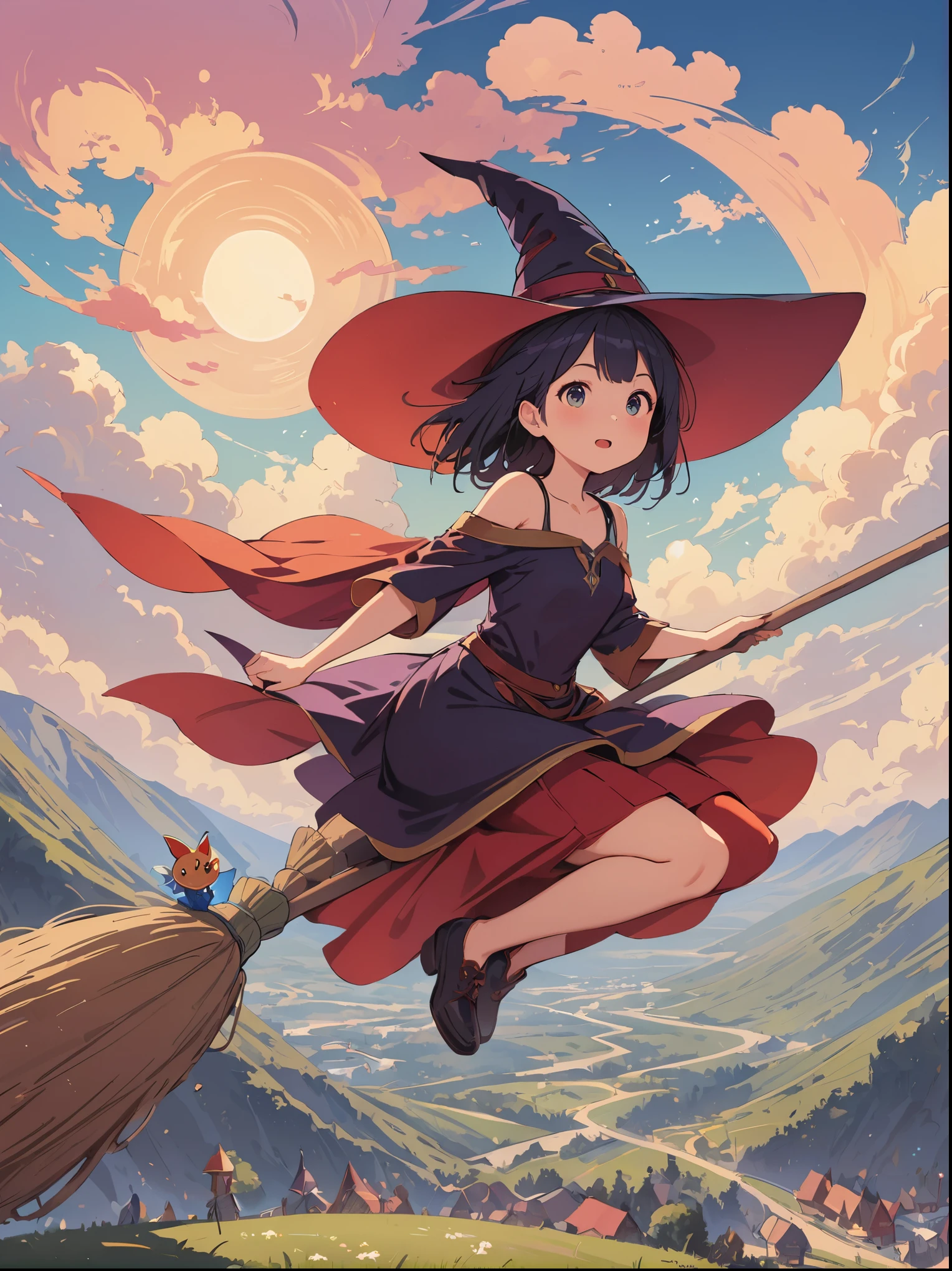 1 girl,kiki,witchの宅急便,perfect face,cute, ((((flying witch))),((Ride a broom)),broom flight,Straddling the broom,anatomically correct,(masterpiece, highest quality:1.2),masterpiece,highest quality,最高masterpiece,8K,,Wind,fantasy,,wonderful,, Mysterious, Charm, Whimsical, playful, adventurous, free, wonder, imagine, decide, skill, speed, movement, energy, realism, naturalistic, figurative, represent, beauty, fantasy culture, myth, fairy tale, folklore, Legend, witch, wizard, Magical creatures, fantasy worlds, composition, scale, Zenikichi, midway point, background, perspective, light, color, texture, become familiar with, beauty, wonder.