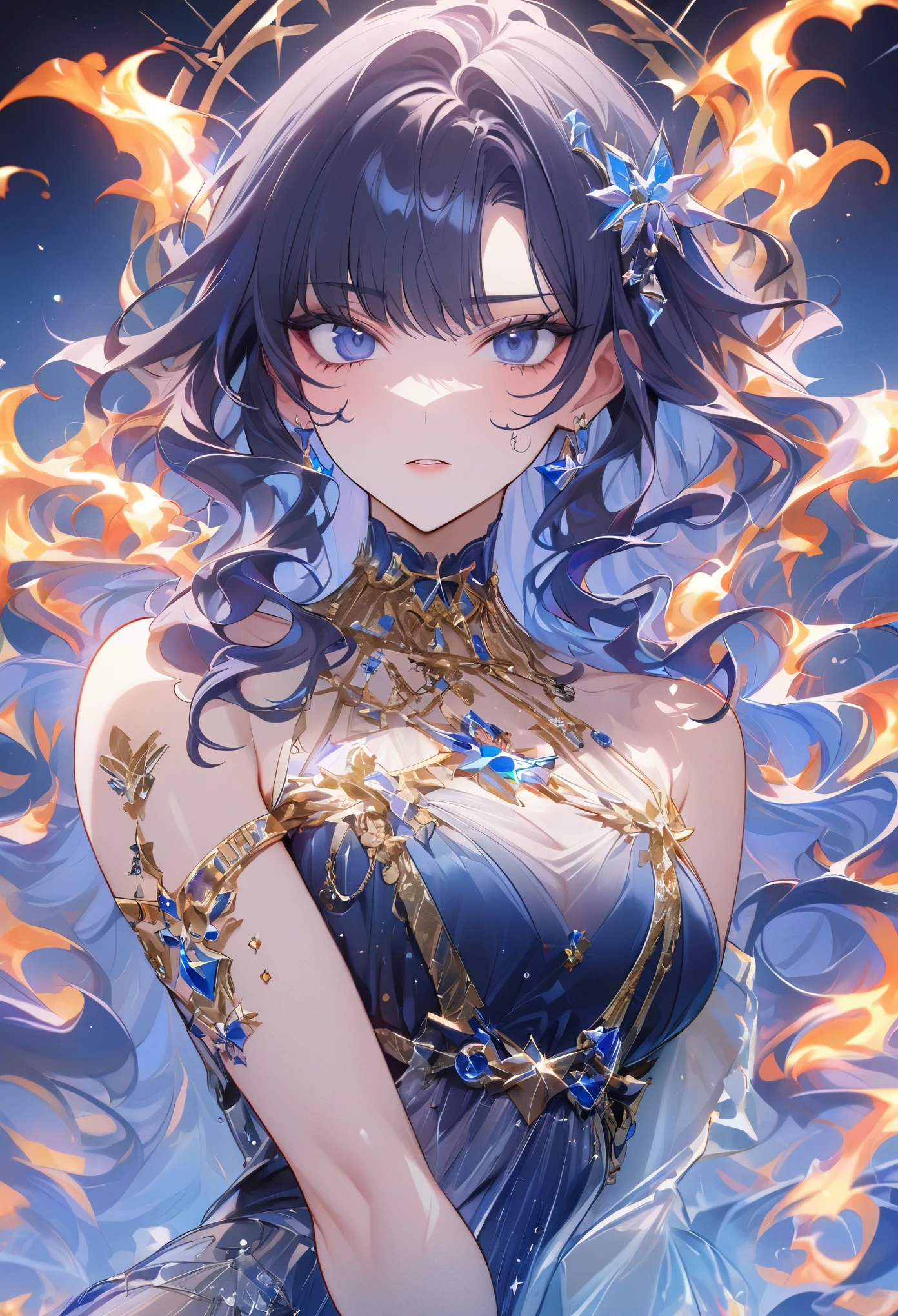 ( high quality , Super detailed, Be careful with your hands )Twelve Zodiac Signs - Sagittarius Goddess , similar to latin goodness . optimistic, fair, Interesting and intellectual face . reckless, ruthless, impatient, overconfident style . dark blue eyes (Eye details) , Dark blue hair with bling bling , Sheer dress , in the ocean of stars , whole body , Fire makeup look , Chiron