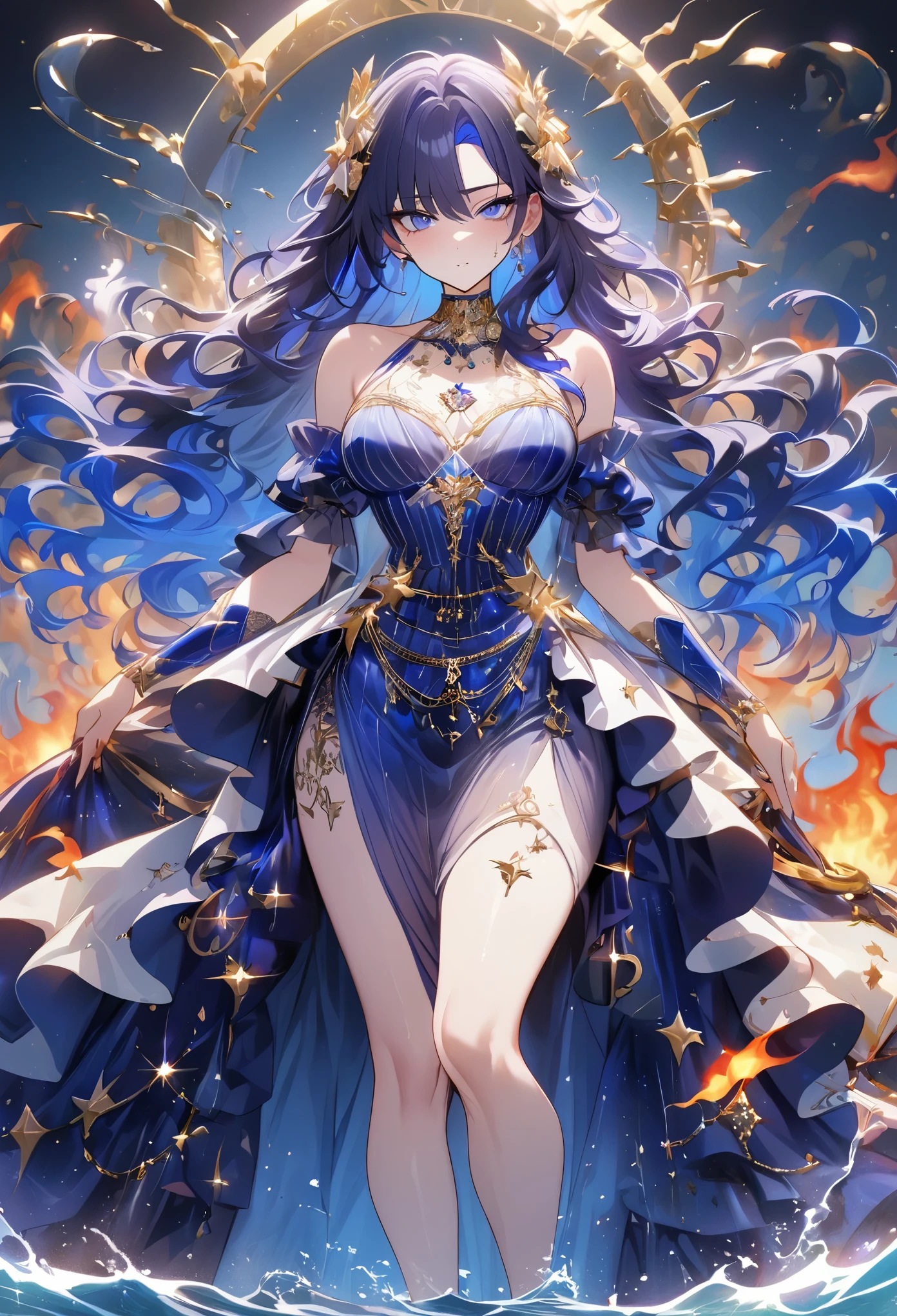 ( high quality , Super detailed, Be careful with your hands )Twelve Zodiac Signs - Sagittarius Goddess , similar to latin goodness . optimistic, fair, Interesting and intellectual face . reckless, ruthless, impatient, overconfident style . dark blue eyes (Eye details) , Dark blue hair with bling bling , Sheer dress , in the ocean of stars , whole body , Fire makeup look , Chiron