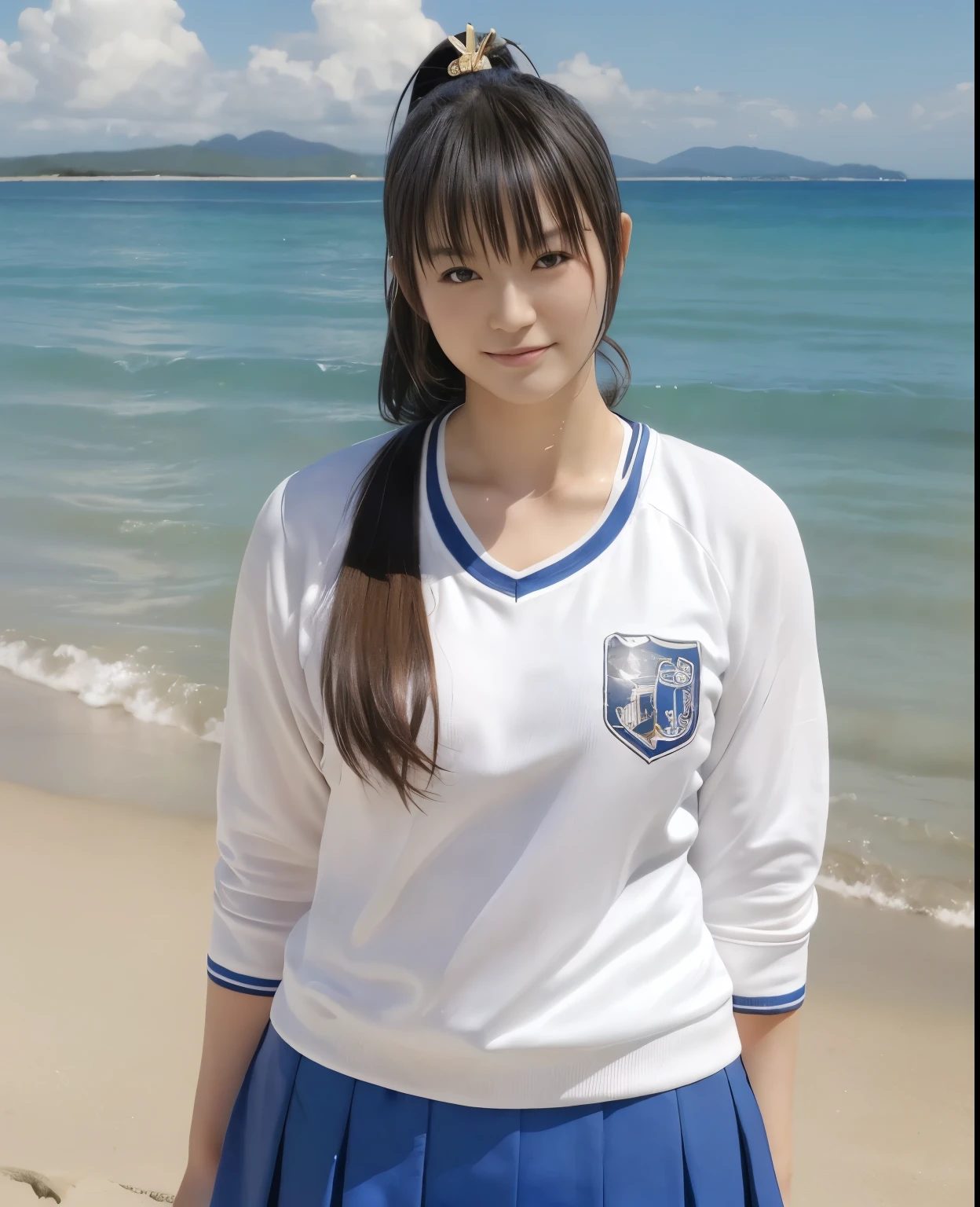 (highest quality:1.2),(perfect beautiful face:1.2),(perfect and beautiful posture:1.2),(japanese woman:1.1), ponytail hair,On the beach of a deserted island, smile, (Chunky muscular body:1.2),Ultra-high precision photos,clear eyes, (blue japanese clothes:1.3,cheerleader style costume),(DOAKasumi:1.1)