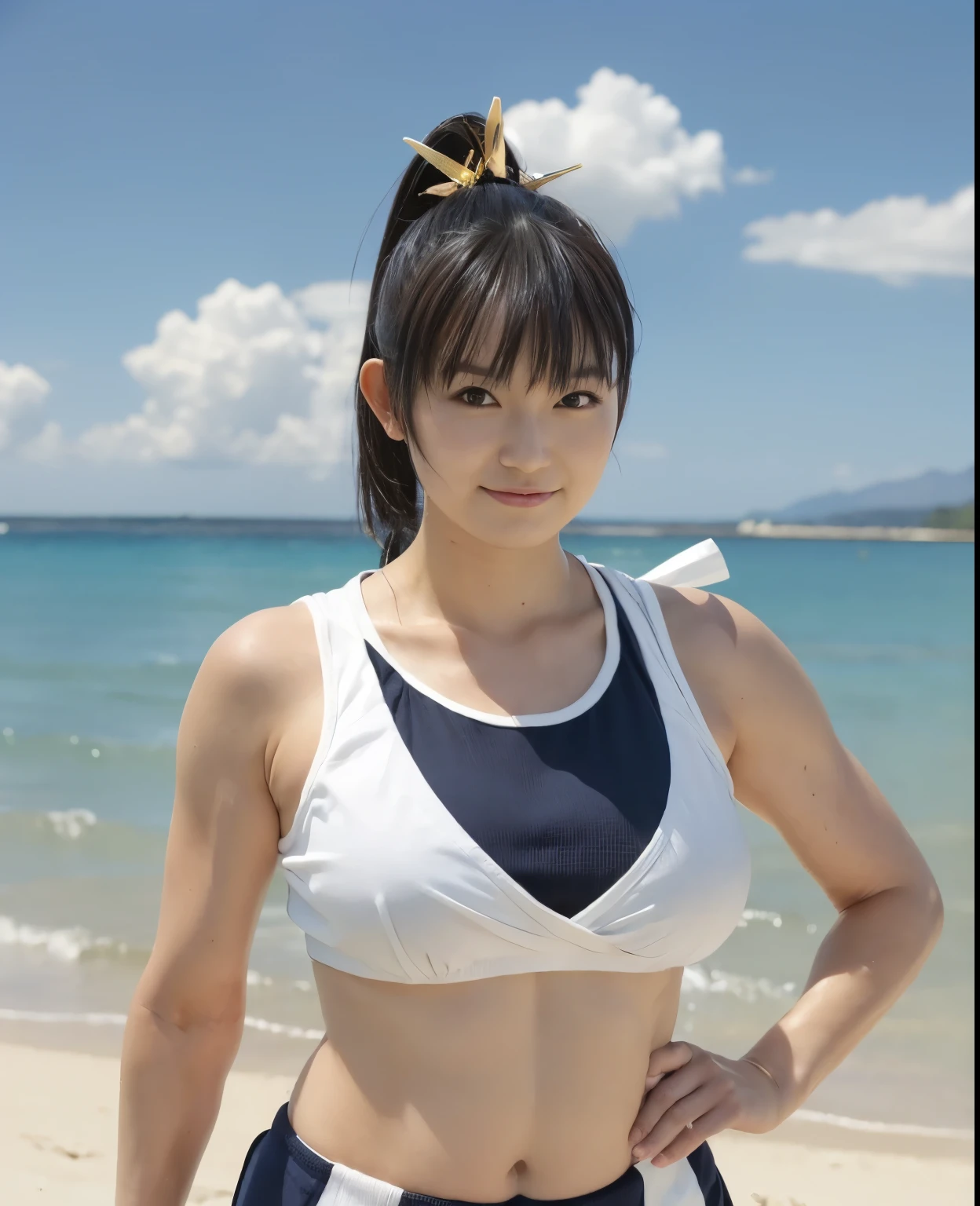 (highest quality:1.2),(perfect beautiful face:1.2),(perfect and beautiful posture:1.2),(japanese woman:1.1), ponytail hair,On the beach of a deserted island, smile, (Chunky muscular body:1.2),Ultra-high precision photos,clear eyes, (blue japanese clothes:1.3,cheerleader style costume),(DOAKasumi:1.1)