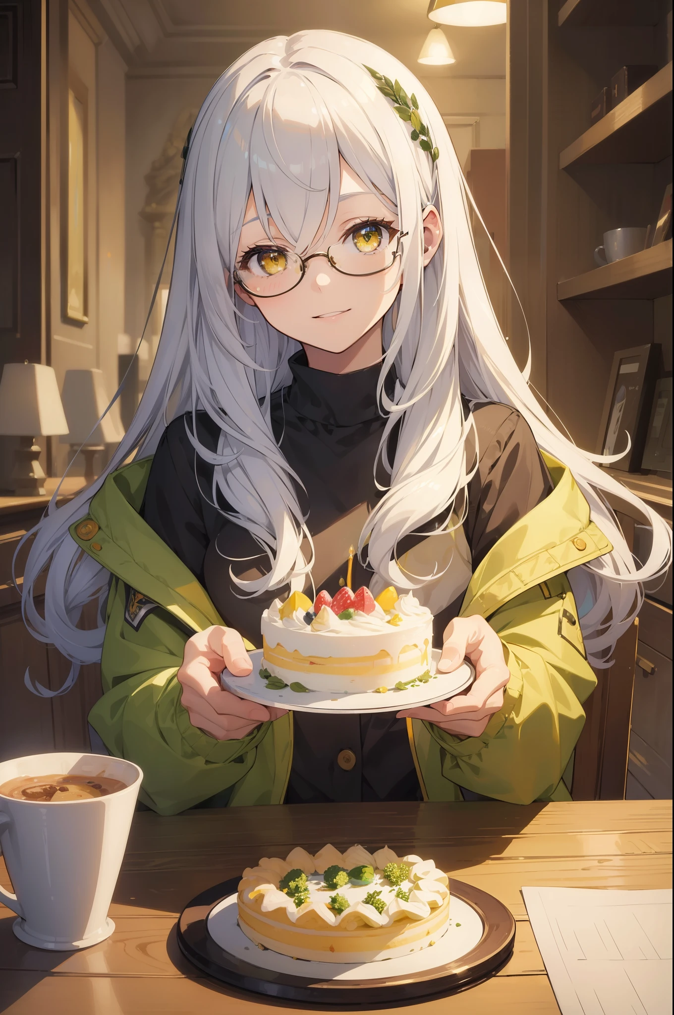 (best quality:1.3), (masterpiece:1.3), (illustration:1.3), (ultra-detailed:1.3), (mid shot:0.9), 1girl, long hair, white hair, yellow eyes, green jacket, indoors, birthday, birthday cake, from front, black shirt, glasses, warm smile, looking at viewer, nice hands, perfect hands, sitting,