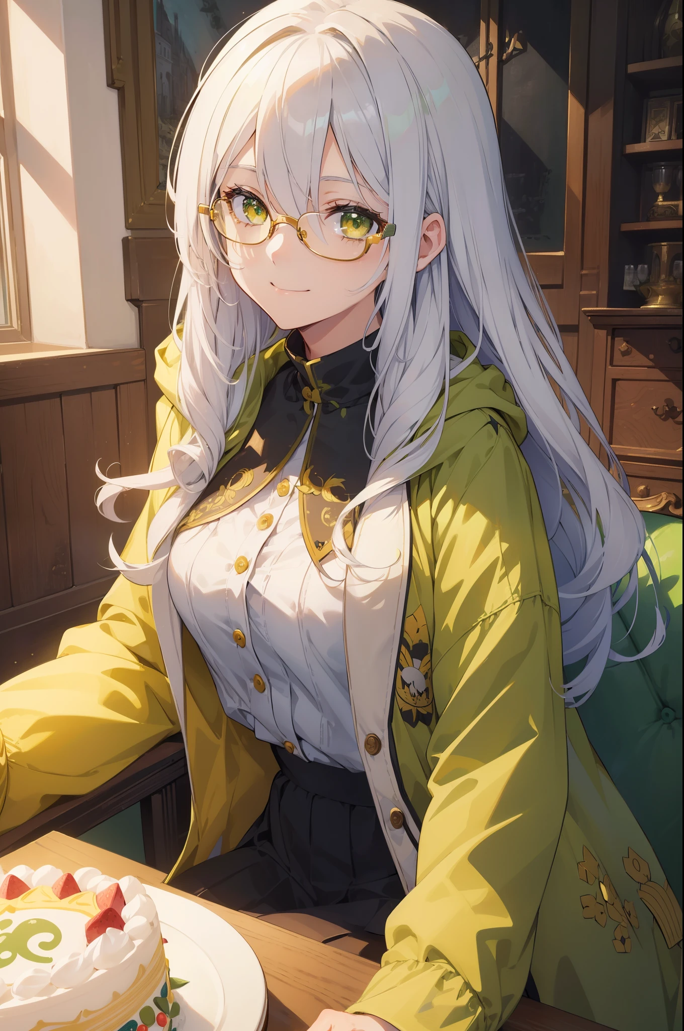 (best quality:1.3), (masterpiece:1.3), (illustration:1.3), (ultra-detailed:1.3), (mid shot:0.9), 1girl, long hair, white hair, yellow eyes, (((green jacket))), indoors, birthday, birthday cake, from front, ((black shirt)), glasses, warm smile, looking at viewer, nice hands, perfect hands, sitting, hair between eyes,