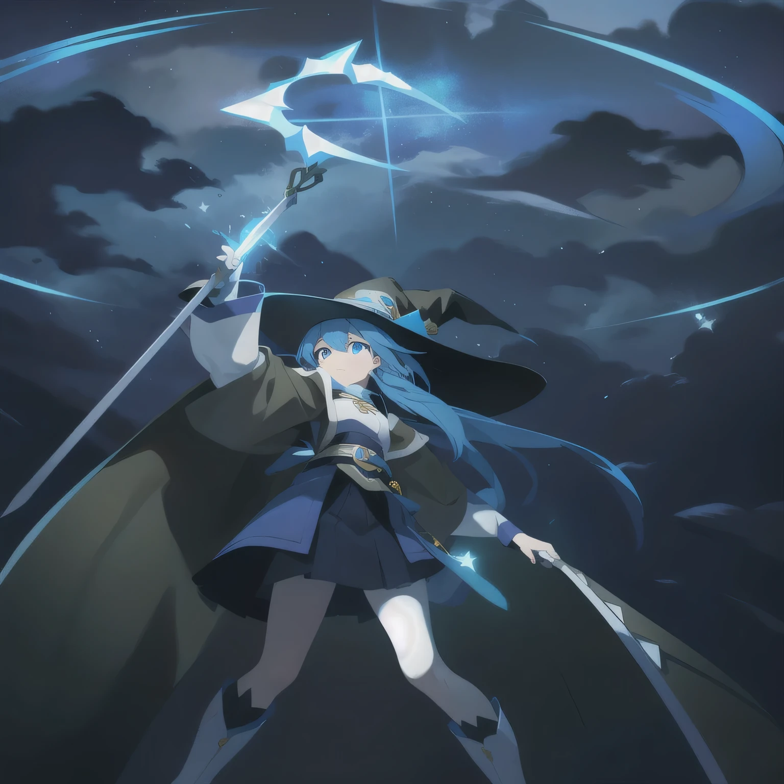 Blue-haired anime girl holding sword and stars, 天空witch, Two-dimensional animation style, Two-dimensional animation, 2D art, second art, witch学院, Heroes 2D fan artartstation, zero art, Ash, 一位年轻的witch师, /!\ witch, mysterious art style, from desire, female mage!