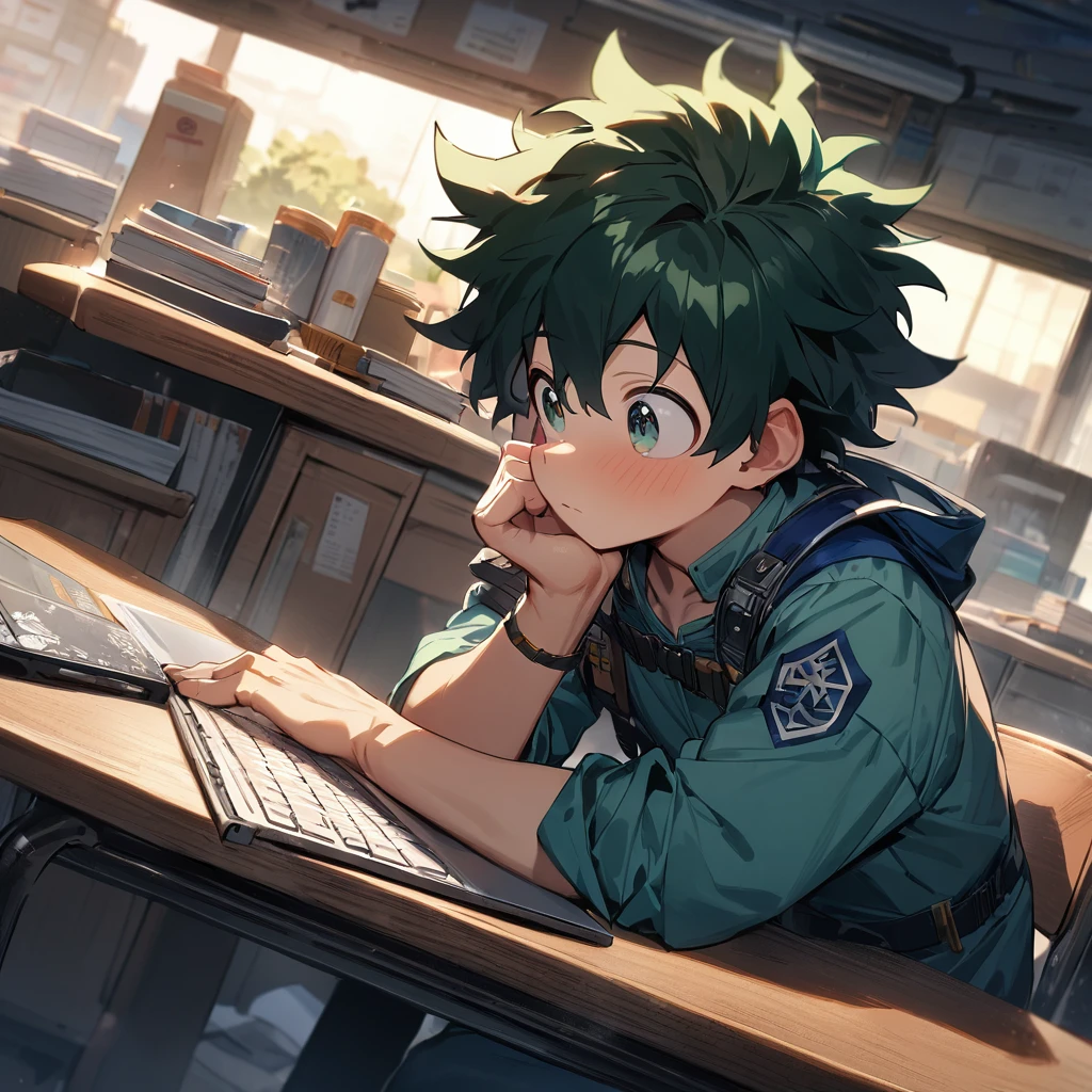 1boy, male focus, midoriya izuku, sit by desk, leaning with laptop, Ultra-Wide Angle, masterpiece, best quality, very aesthetic, perfect composition, intricate details, ultra-detailed
