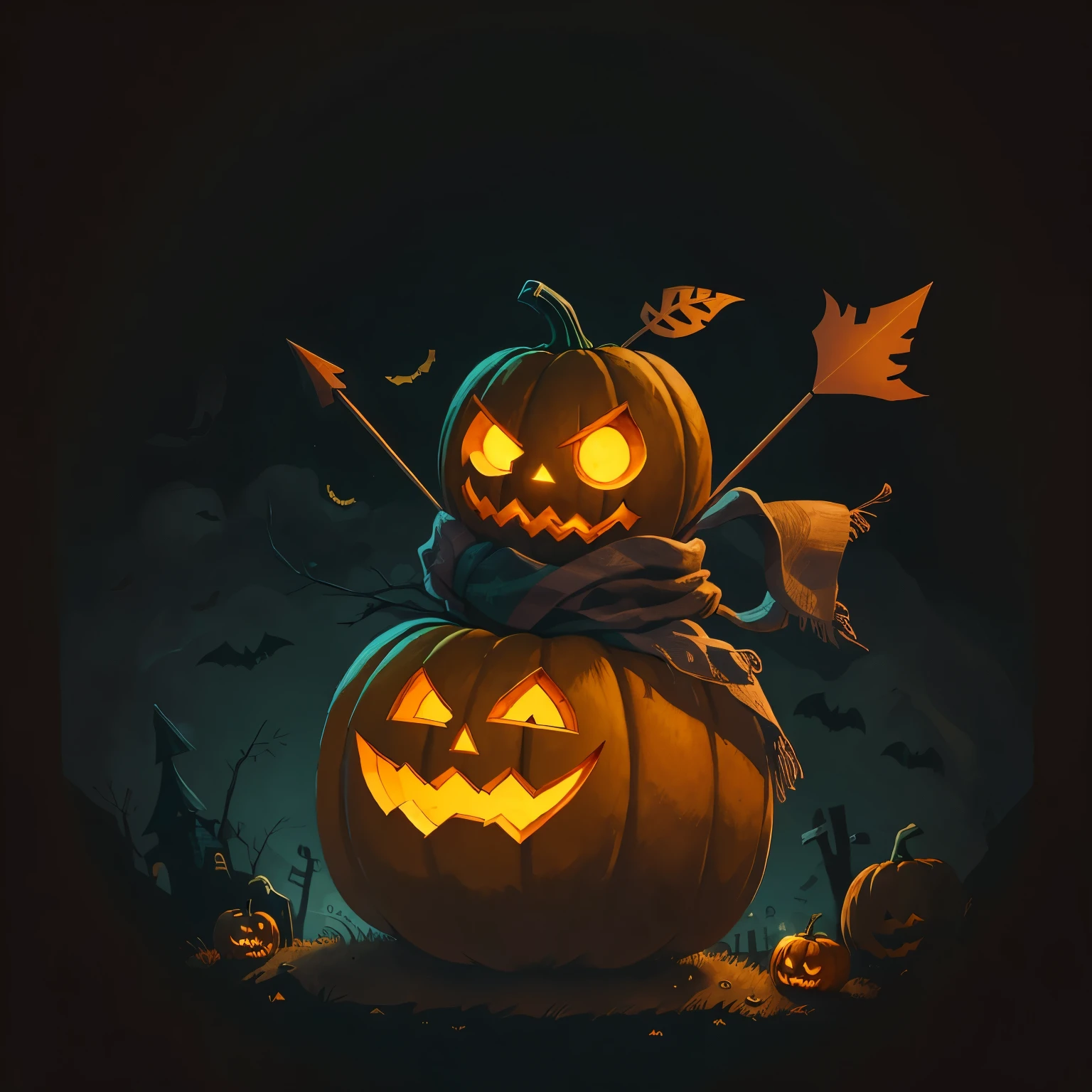 drawing of a cartoon pumpkin with a scarf and an arrow through its pumpkin head, pumpkin head, scared explorer countenance, cute, autumn mood, halloween art style, in halloween style, colorful drawing, dark and mysterious character, inspired by Niko Henrichon