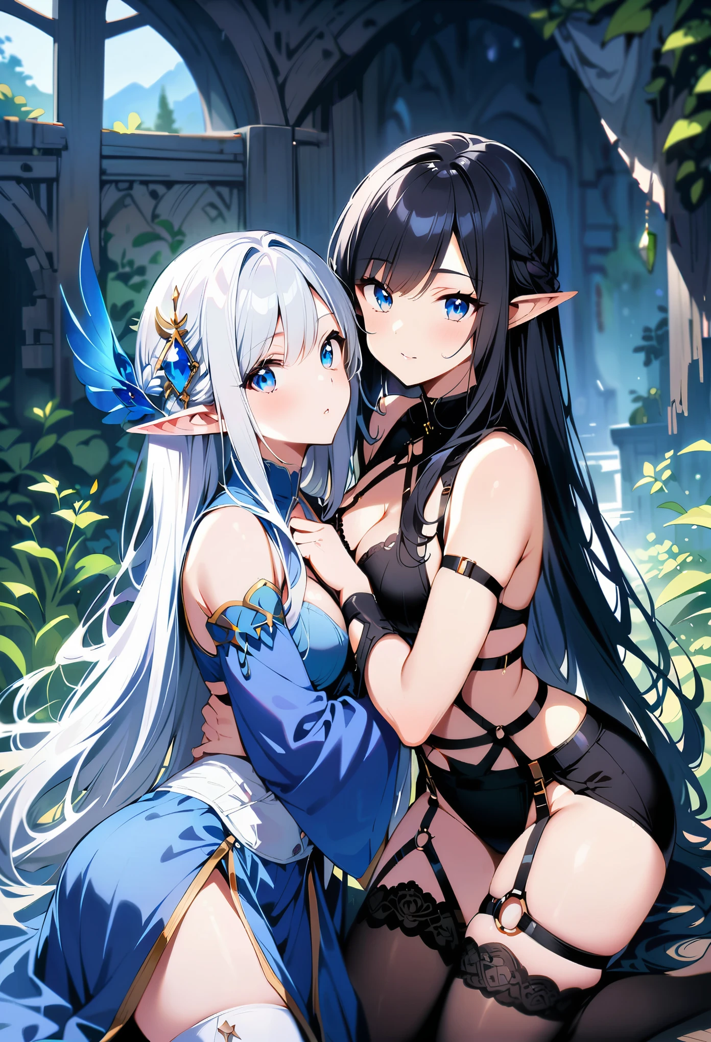 Dark Elf, 2girls, pointy ears, thighhighs, long hair, kneeling, black hair, looking at viewer, white hair, fantasy,30 years old