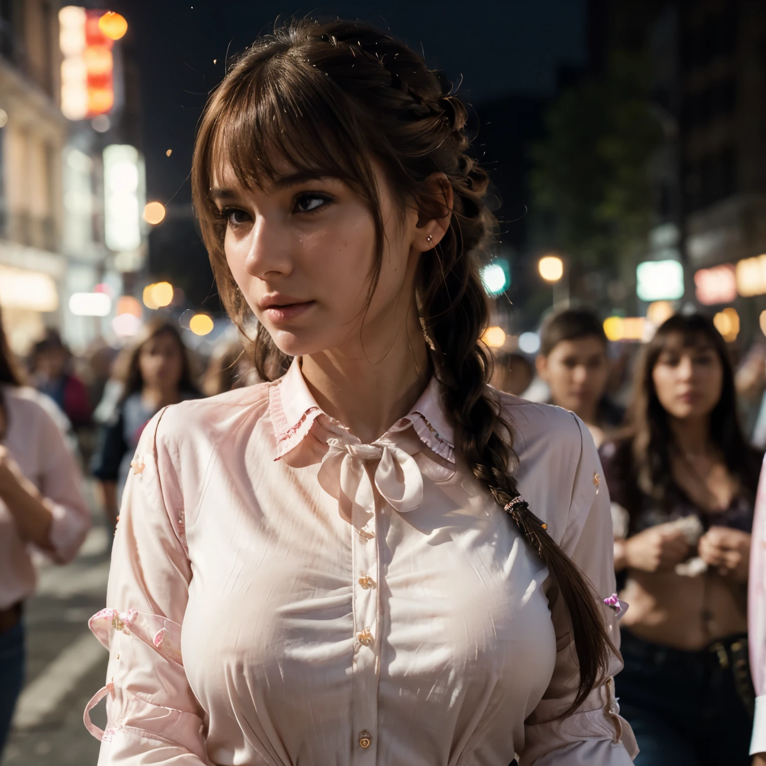 best quality, photorealistic, 1girl, woman,(skindentation), big breast, (bright), (professional lighting, bokeh), (street), people, crowds, braided bangs, (blouse:1.5), (portait:0.8), gorgeous, bloom, floating hair, (dynamic pose:0.6) , soft lighting,