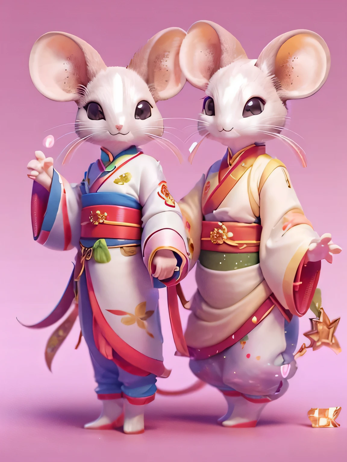 (personification: 1.4), (full-body shot), (China: Unique male and female mice holding hands, hanfu, stand on two feet, Oriental elements), (China - unique illustration: 1.5, Vector Painting: 1.5), (Chinese color, Advanced color matching, gradient background, White background), (Smile, Lovely, big eyes) (Very detailed, Well-designed, clear lines, high definition, best quality, three dimensional, masterpiece, official art, movie lighting effects, 4K)