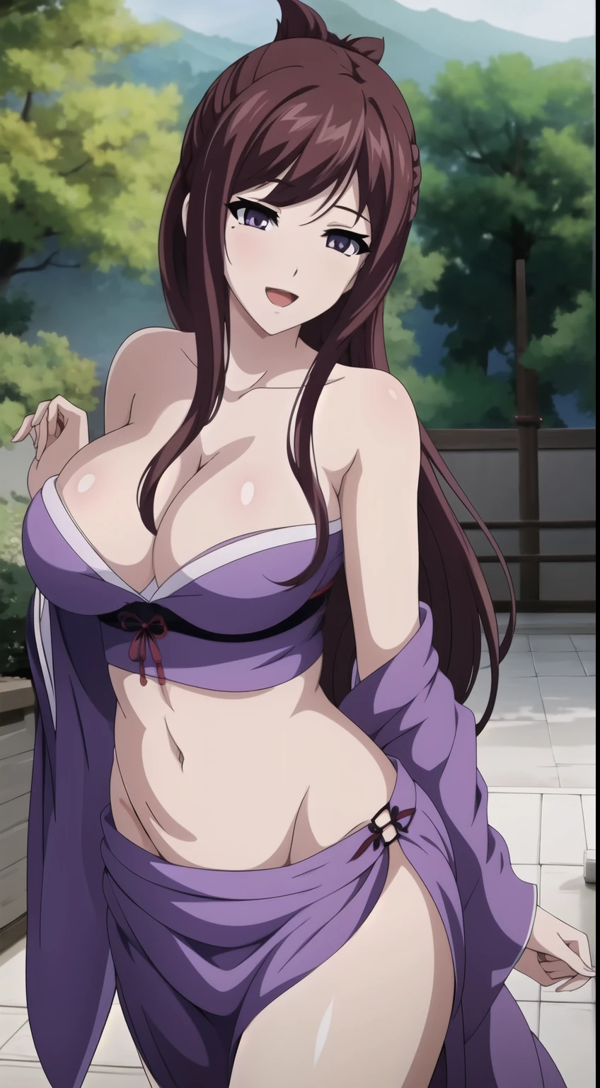 brown hair,bangs, Hair Bun,purple eyes,
1 girl, 20yo,Young female,Beautiful Finger,Beautiful long legs,Beautiful body,Beautiful Nose,Beautiful character design, perfect eyes, perfect face,expressive eyes,perfect balance,
masterpiece, best quality, highly detailed, a anime girls in kimono dress with a sword posing for a
picture, bare shoulder,open kimono, evil smile, open mouth, crop top , (nsfw) not safe for work, smile,
ecchi anime style, anime girls, ecchi style, ecchi, digital anime art!!, in anime style, official artwork, visual
novel cg, beautiful anime girl, anime style 4 k, kimono pencil skirt, exposed belly, exposed navel,
exposed midriff, exposed lower belly, outdoor, japanese architecture, temple