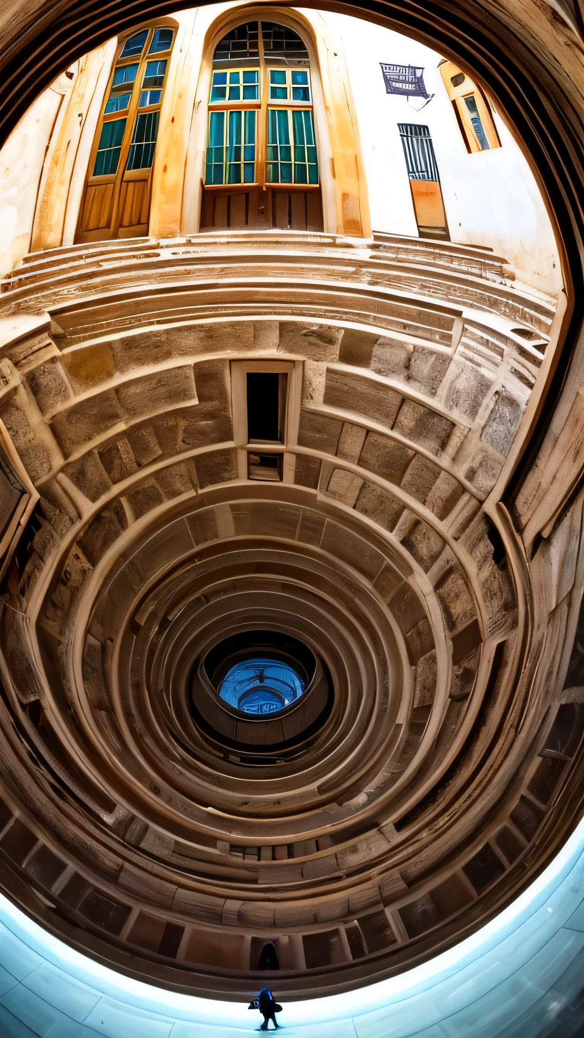 A fisheye photo of the amazing culture of Akko in Israel,, taken with a gopro, showing an infinity of cool dancers and artists among the wonderful old buildings 