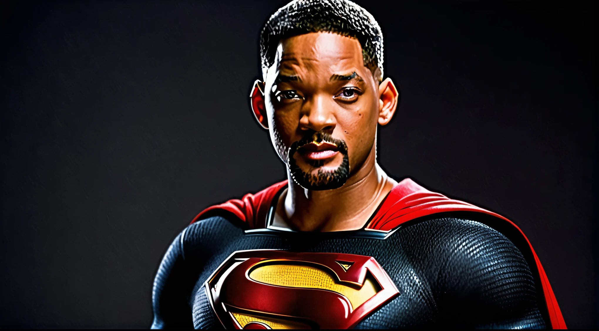 will smith as Superman, 40s year old, all black and red details suit, red cape, Hair tension, Covering the forehead, short-cut hair, tidy hair, ah high, manly, hunk body, muscular, straight face, black medium hair, Best Quality, High Resolution:1.2, Masterpiece, RAW photo, Dark background, detailed suit, Detailed Face, upper body face shot
