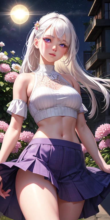 realistic, 1girl, white hair, purple eyes, glowing eyes, crop top, skirt, parted lips, blush, night, flowers, sun, sunlight,