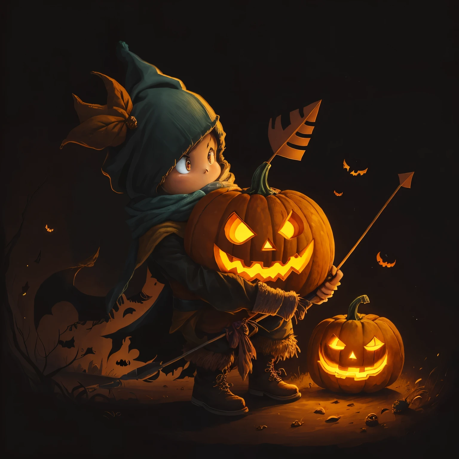 drawing of a cartoon pumpkin with a scarf and an arrow through its pumpkin head, pumpkin head, scared explorer countenance, cute, autumn mood, halloween art style, in halloween style, colorful drawing, dark and mysterious character, inspired by Niko Henrichon