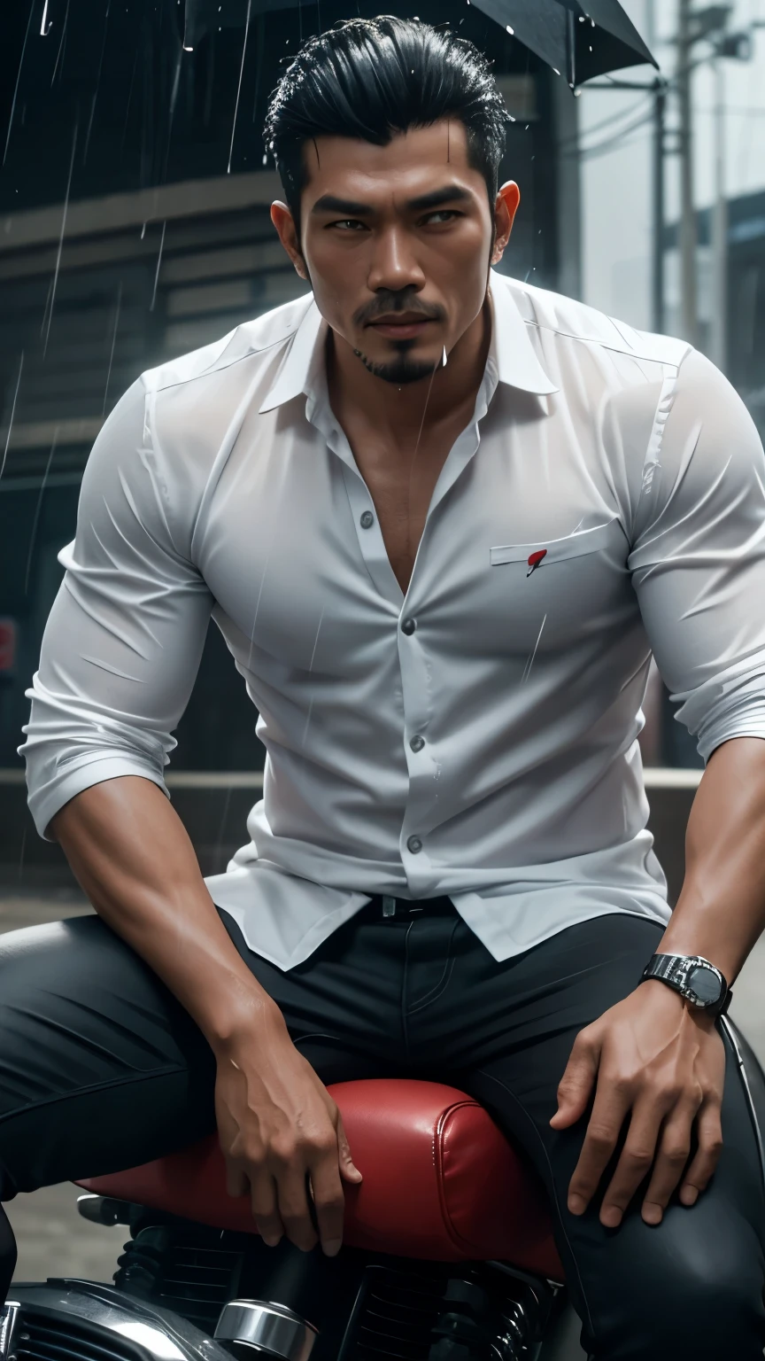 3D realistic caricature of an Indonesian man with a clean, handsome face aged 30 years wearing a torn white shirt sitting smoking next to his motorbike, drizzling rain, high detail, focus, ultra HD 32k