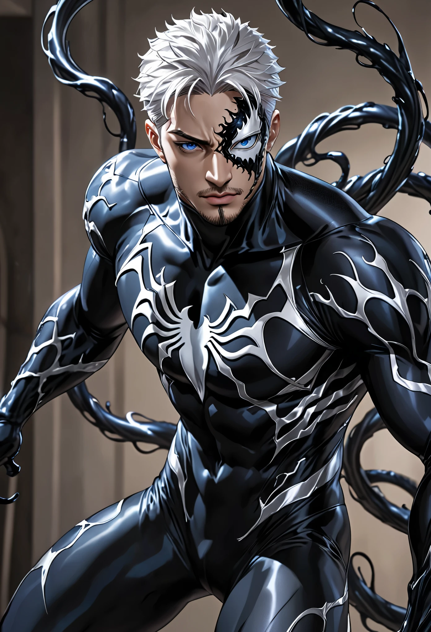 young muscular male, masterpiece, intricate details, upper body, best quality, eye focus, silver hair, manly, stubble, venom, symbiote costume,(emiya_shiro:1.2),dark skin, 1boy, (symbiote full bodysuit:1.1), eye focus, face, detailed eyes, symbiote skin tight, blue eyes, full body,