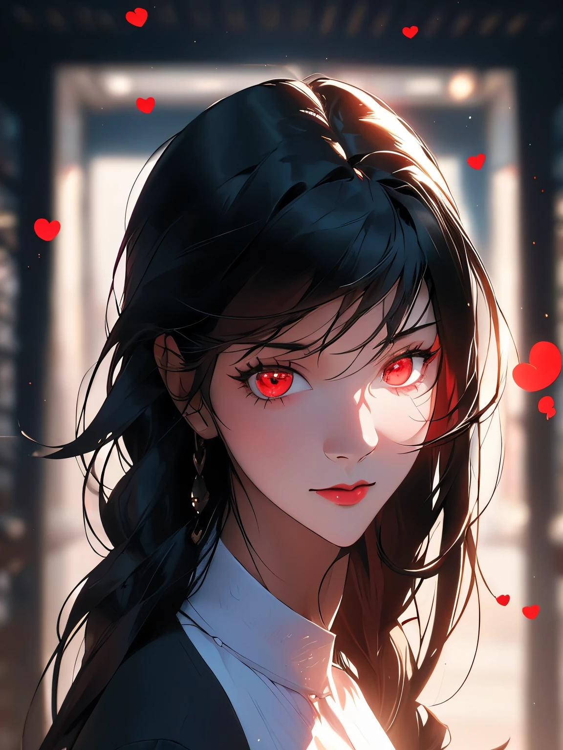 High-resolution, 4k, minimalism background, female, Black hair, colorful atmosphere, face close-up, dominant expression, red eyes, eyes glow, heart-shaped pupil, view from the side, eyes lock on viewer, character wearing a white shirt