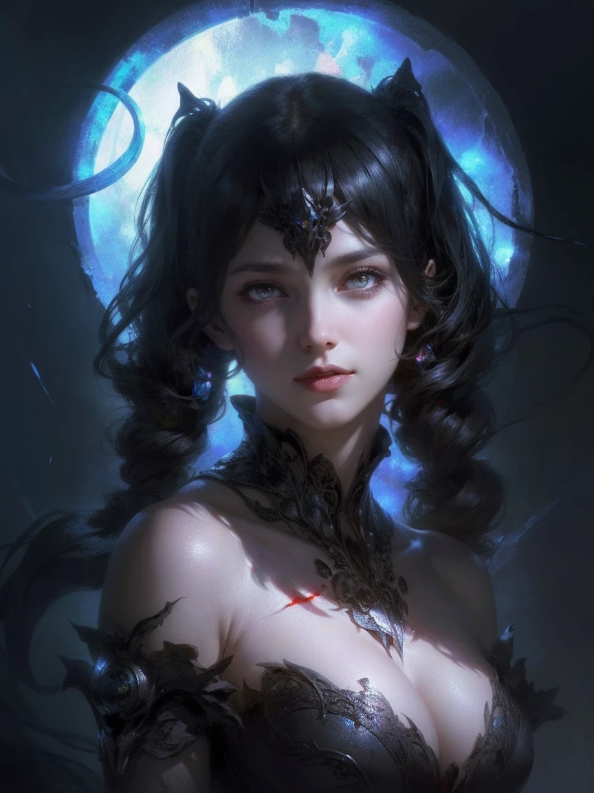 (masterpiece, best quality, Super detailed, best shadow), (Detailed background,dark fantasy), (Beautiful and delicate face), high contrast, (best lighting, extremely delicate and beautiful), ((film light)), rich and colorful, Ultra-detailed, dramatic light, intricate details, (1 girl, alone,black hair, Pointed face,low ponytail,Red eyes, hair between eyes,Dynamic angle), blood spatter, Black light swirling around the character, depth of field,black light particles,(shattered glass),magic circle,