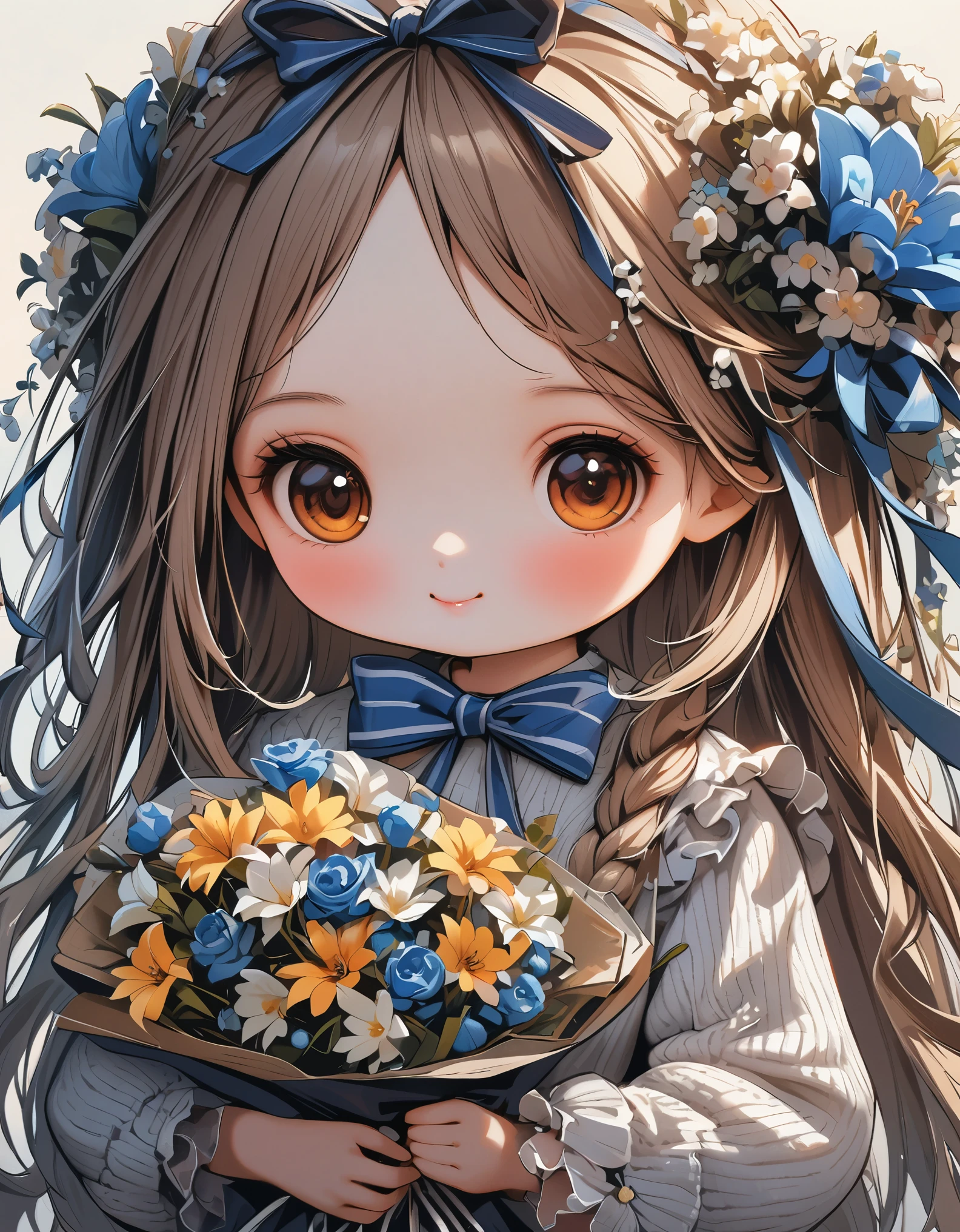 (masterpiece), (best quality),1girl, bangs, blue_bow, blue_bowtie, blue_flower, blue_ribbon, bouquet, bow, closed_mouth, eyebrows_visible_through_hair, flower, hair_between_eyes, hair_bow, holding, holding_bouquet, lily_\(flower\), long_hair, long_sleeves, looking_at_viewer, puffy_sleeves, simple_background, smile, solo, striped, striped_bow, very_long_hair, white_background, white_flower, yellow_eyes