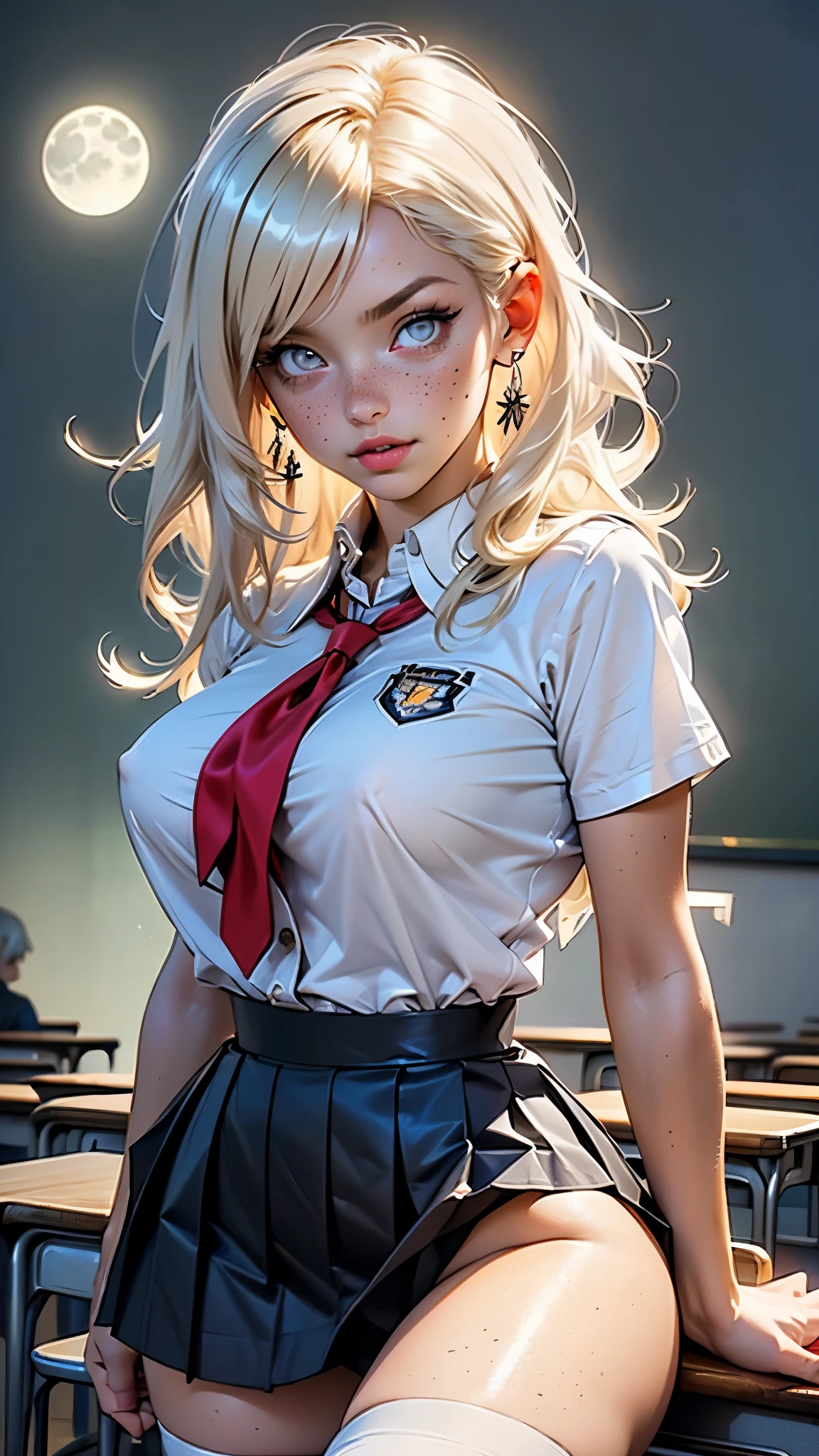 cute girl,(((curvy ,curvy body,thick thighs))),(((21 years old))),((anime girl with extremely cute and beautiful platinum white hair)), (((sexy seductive))), (((sexy seductive slutty pose))),
(((Accentuated super huge enormously gigantic nude tits and nipples exposed)),((((Platinum blonde hair:1.35,very long platinum blonde hair,colored inner hair,ear breathing)))),(((moonlight_eyes:1.3))),intricate eyes,beautiful detailed eyes,symmetrical eyes,big eyes:1.5,(((freckles on the face,freckles,freckled girl))),(((lustrous skin:1.5,bright skin: 1.5,skin tanned,shiny skin,very shiny skin,shiny body,plastic glitter skin,exaggerated shiny skin,illuminated skin))),(detailed body,(detailed face)),
cute,slutty,erotic,daring,((nsfw)),
zettai ryouiki,revealing clothing,show skin,(((Sexy school girl uniform, school girl outfit, wearing a school girl uniform school girl skirt and white thigh high socks:1.3,)))
(dynamic pose:1.0),embarrassed,(centered,scale to fit dimensions,Rule of thirds),
inside,indoor,((school classroom)),scenery:1.25,((intricate scenery)),((school decorations)),