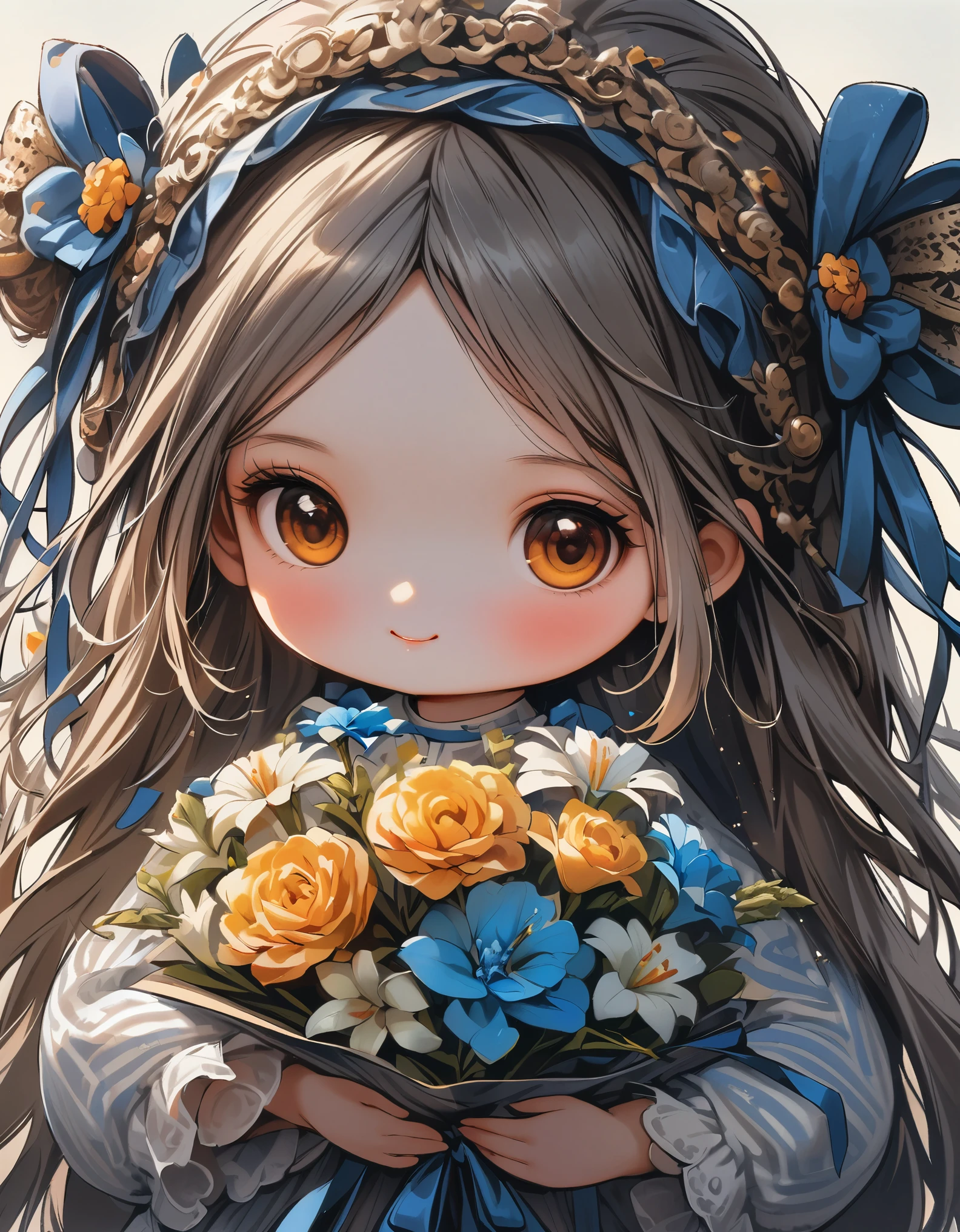 (masterpiece), (best quality),1girl, bangs, blue_bow, blue_bowtie, blue_flower, blue_ribbon, bouquet, bow, closed_mouth, eyebrows_visible_through_hair, flower, hair_between_eyes, hair_bow, holding, holding_bouquet, lily_\(flower\), long_hair, long_sleeves, looking_at_viewer, puffy_sleeves, simple_background, smile, solo, striped, striped_bow, very_long_hair, white_background, white_flower, yellow_eyes