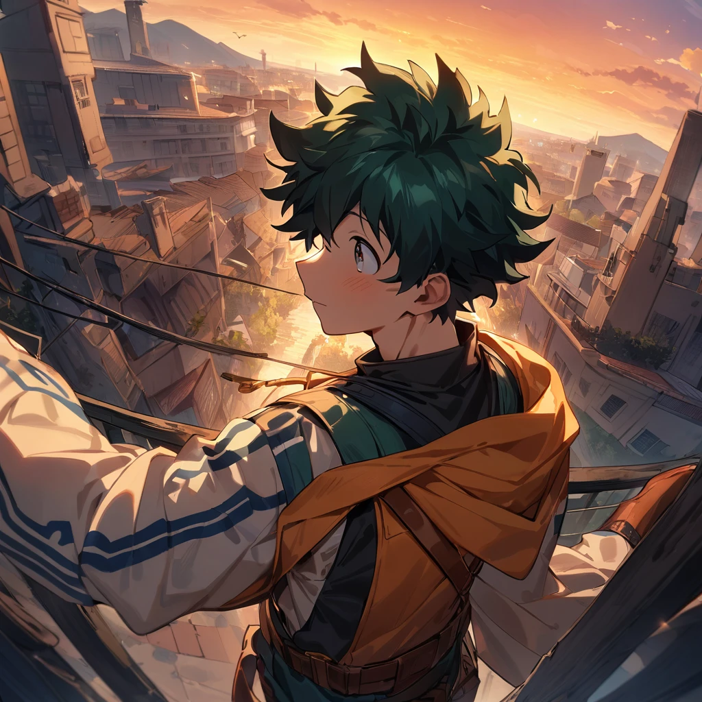 1boy, male focus, midoriya izuku, watch the sunset, outdoor, Ultra-Wide Angle, masterpiece, best quality, very aesthetic, perfect composition, intricate details, ultra-detailed