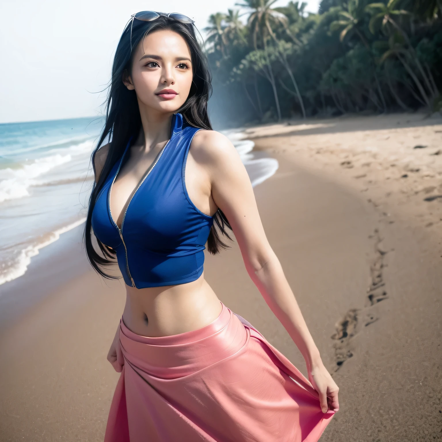 A beautiful girl, 1 girl, cosplay nico robin from one piece,(masterpiece:1.2), (best quality:1.2), (extremely detailed), Nico Robin style, cleavage, aesthetic, (extremely detailed face), ultra-detailed eyes and pupils, broad shoulder, (ultra detailed), 8k, photorealistic, pretty face, smile, photo full body, dramatic background, looking at viewer, facing front, perfect skin, cinematic lighting, nipples, fair skin, black hair, black eyes, portrait photo, (medium breast:1.3), plumpy body, slender, beautiful makeup, nikon RAW photo, 8k ,Fujifilm XT3, photorealistic, detailed face, fair skin, perfect shape, slim face, dim lighting, (looking at viewer:1.2), wear blue shirt, long skirt, wear sun glasses on the fore head , walking at the beach, pose right arm up holding hairs, showing armpit, sweating skin, hot summer