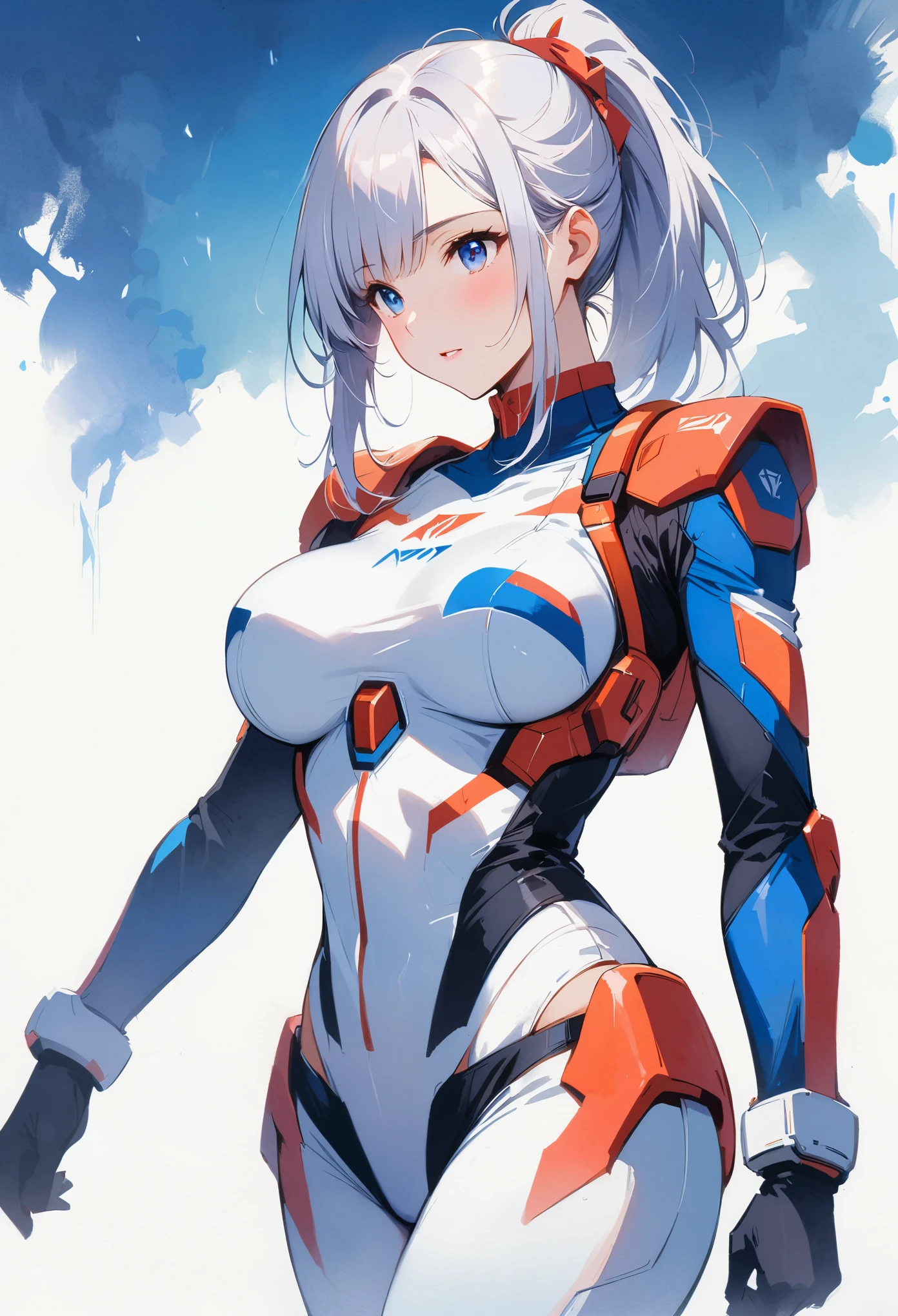 Long silver hair、Half up, half down、美麗of女人、blue eyes、Gundam、Meat、White and blue pilot suit、breast enlargement、Anime touch、Hand Painted、of、watercolor、soft focus
